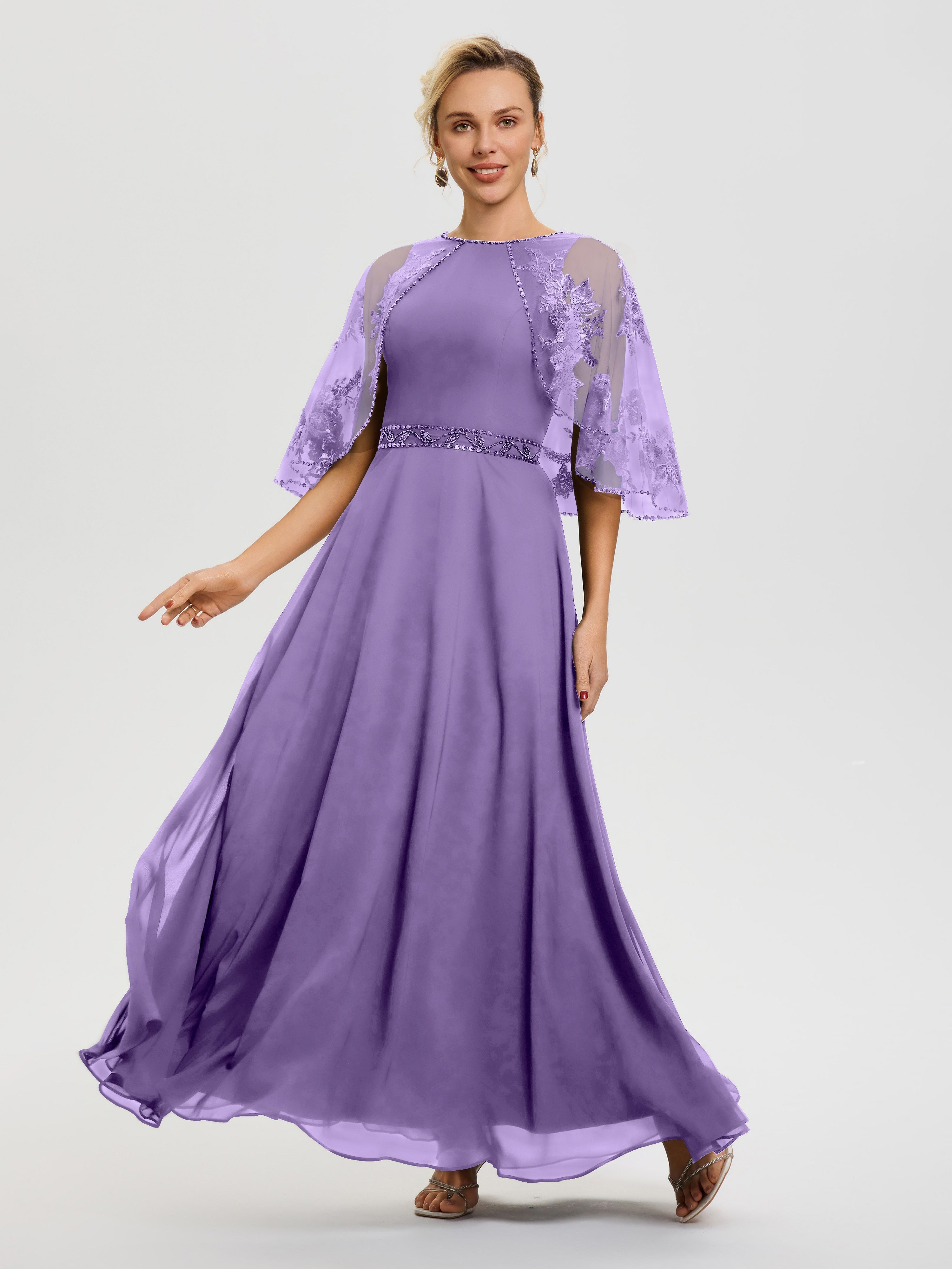 Robe Pour Mariage Mère Du Marié Tahiti Mousseline & Dentelle Col Rond Robe De Cérémonie Mère De La Mariée