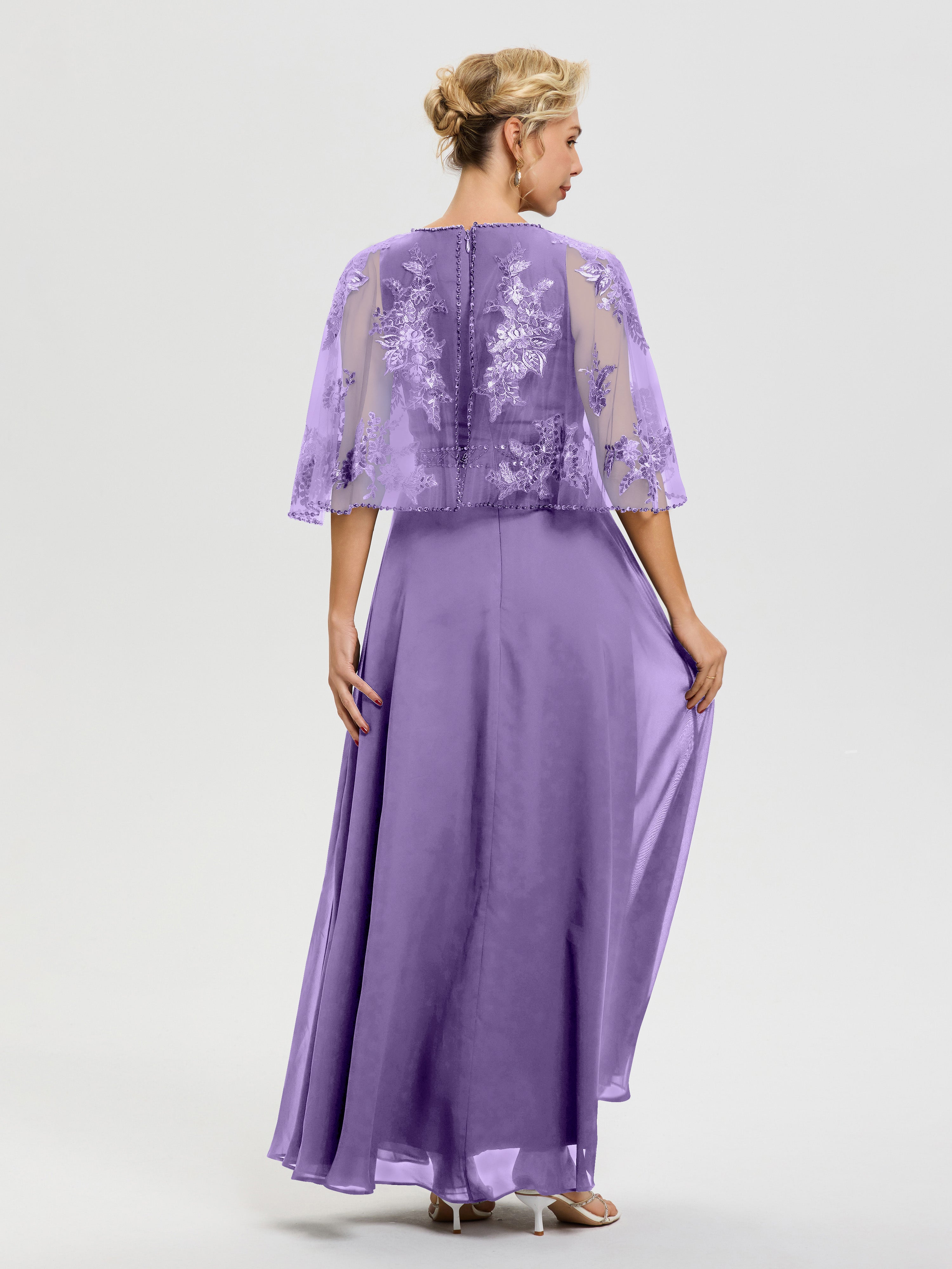 Robe Pour Mariage Mère Du Marié Tahiti Mousseline & Dentelle Col Rond Robe De Cérémonie Mère De La Mariée