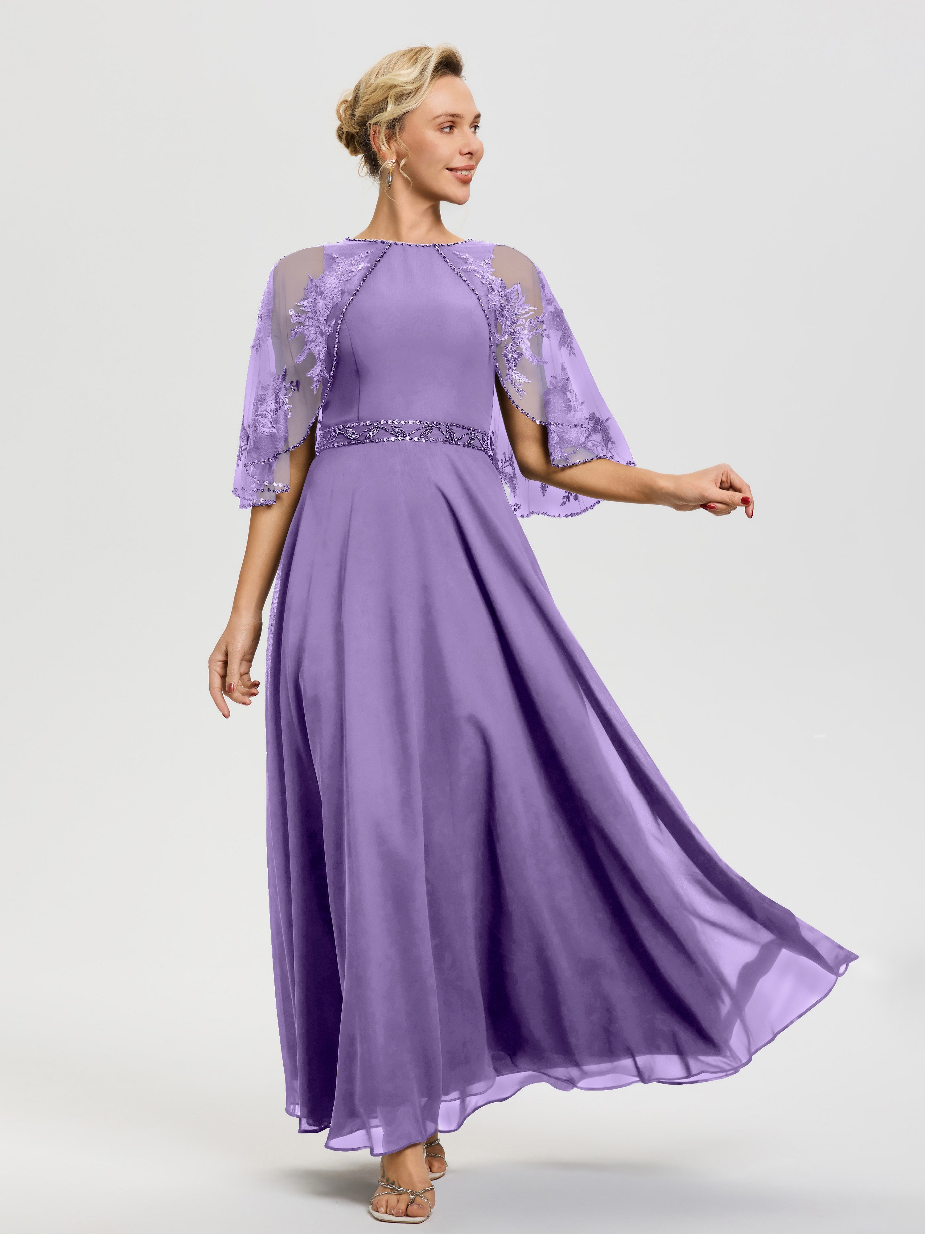 Robe Pour Mariage Mère Du Marié Tahiti Mousseline & Dentelle Col Rond Robe De Cérémonie Mère De La Mariée