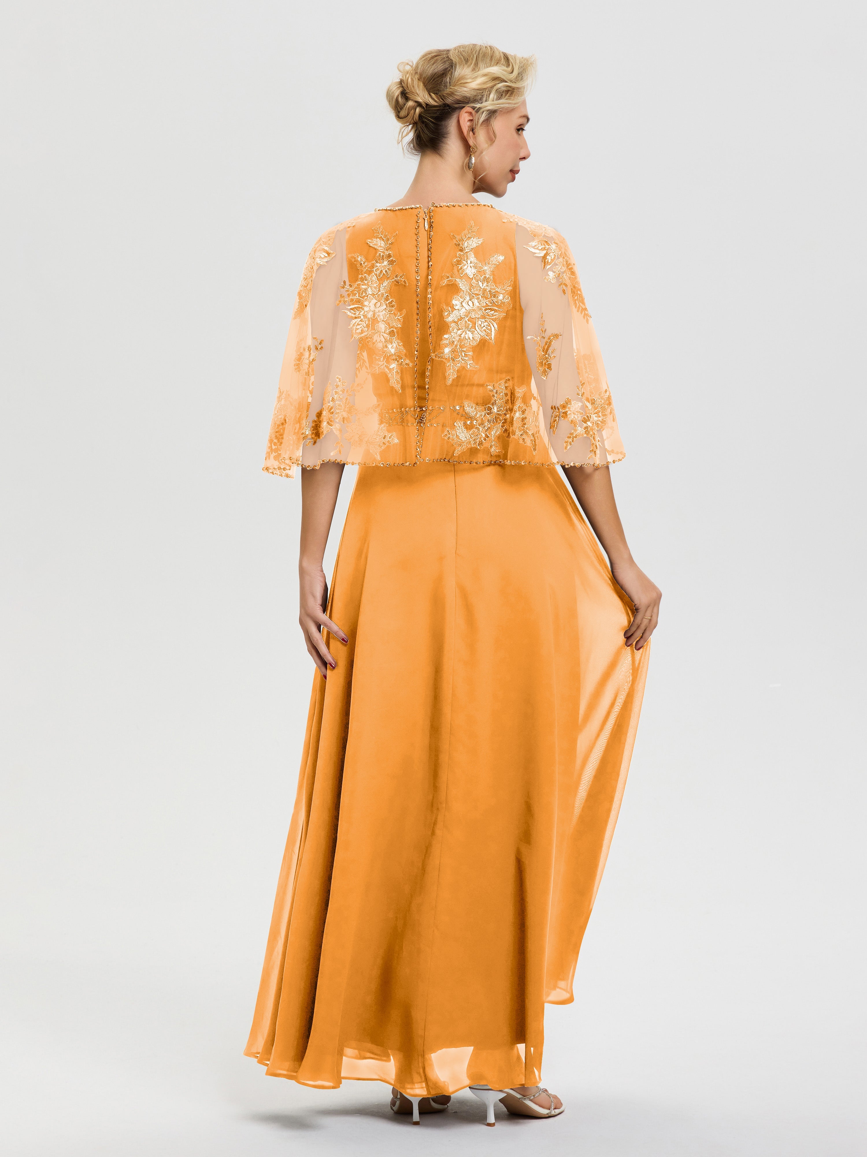 Robe De Mère De La Mariée Mandarine Mousseline & Dentelle Col Rond Robe De Cérémonie Mère De La Mariée