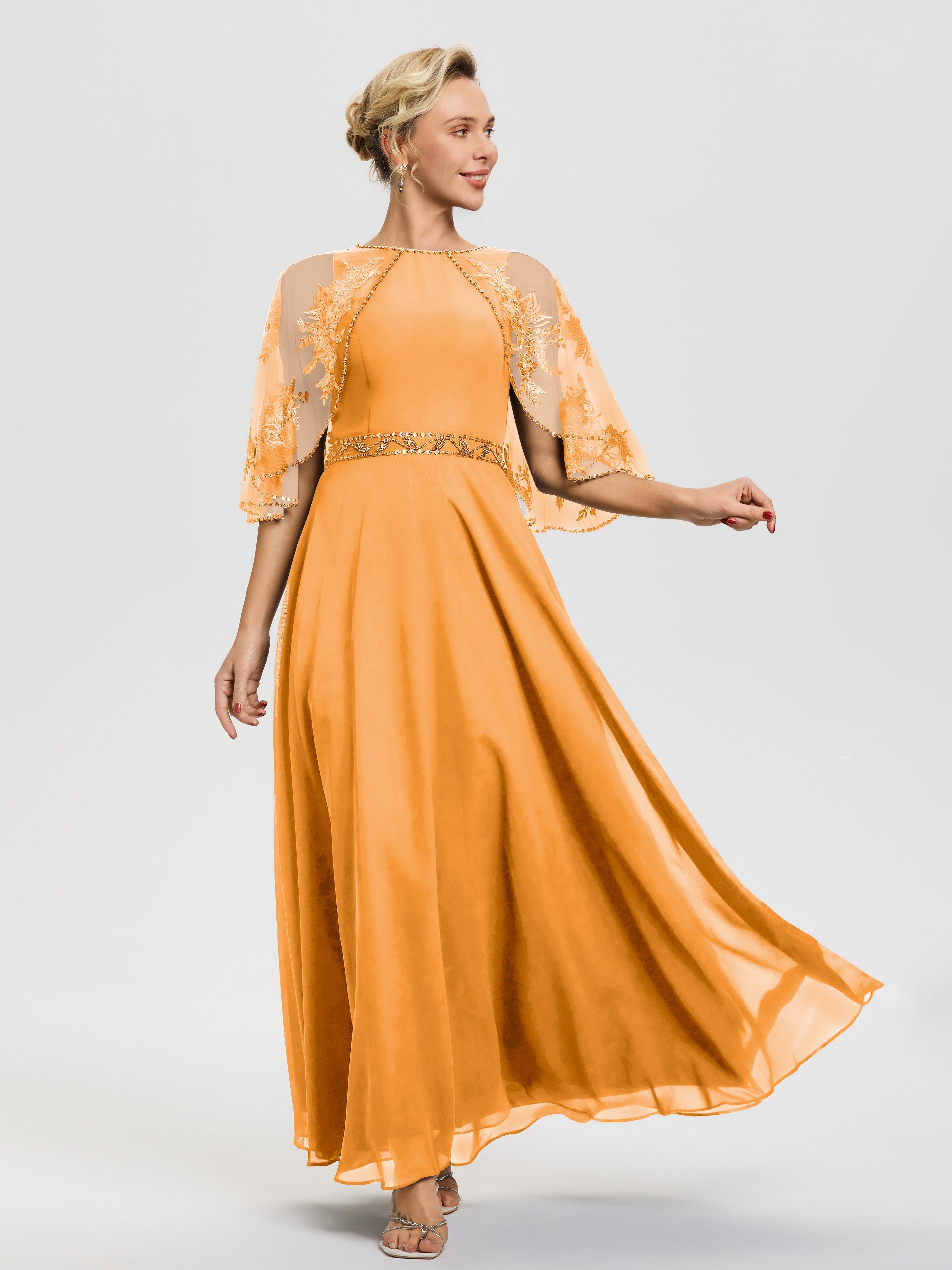 Robe De Mère De La Mariée Mandarine Mousseline & Dentelle Col Rond Robe De Cérémonie Mère De La Mariée