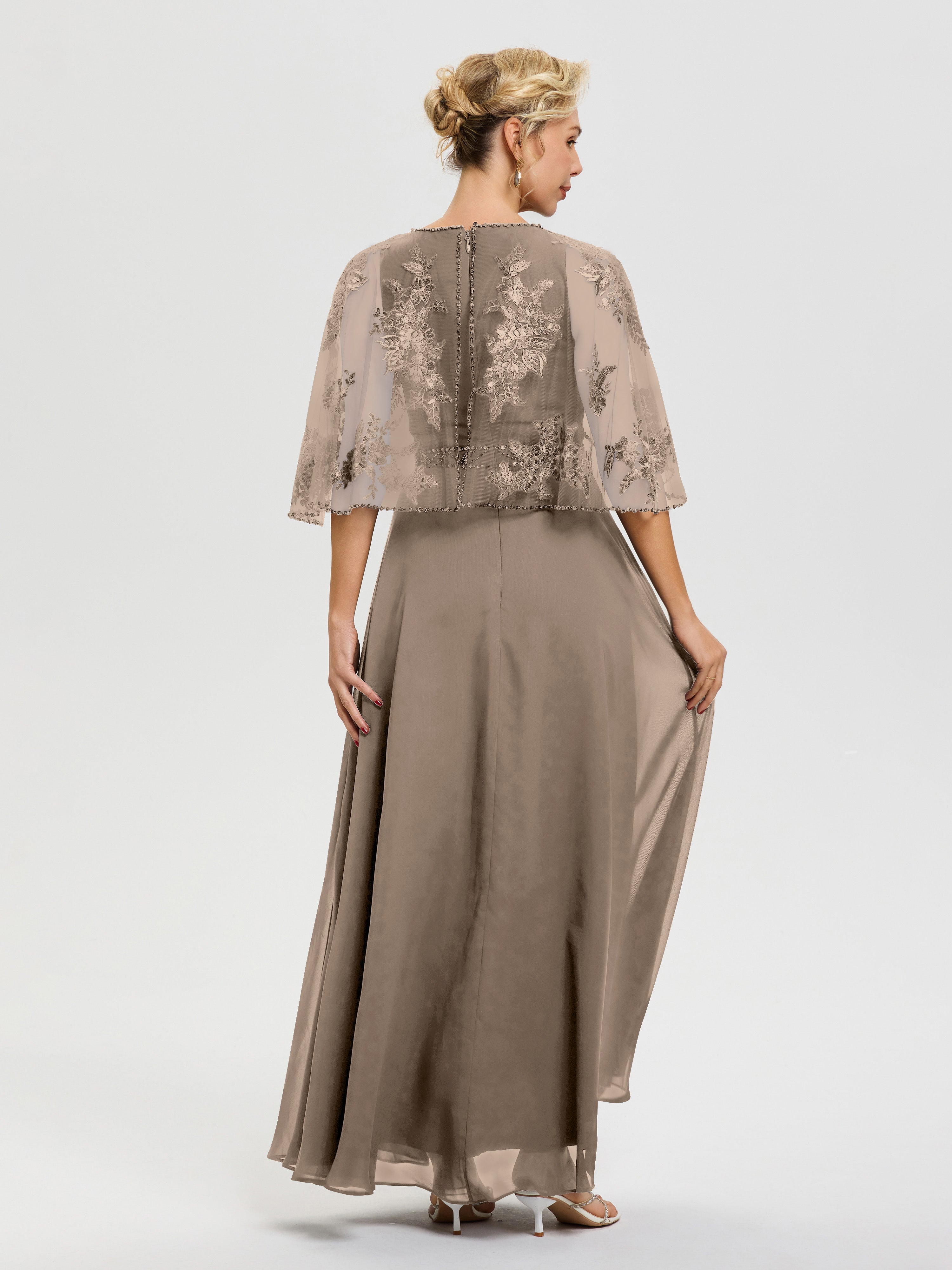 Robe Cérémonie Mère Du Marié Taupe Mousseline & Dentelle Col Rond Robe De Cérémonie Mère De La Mariée