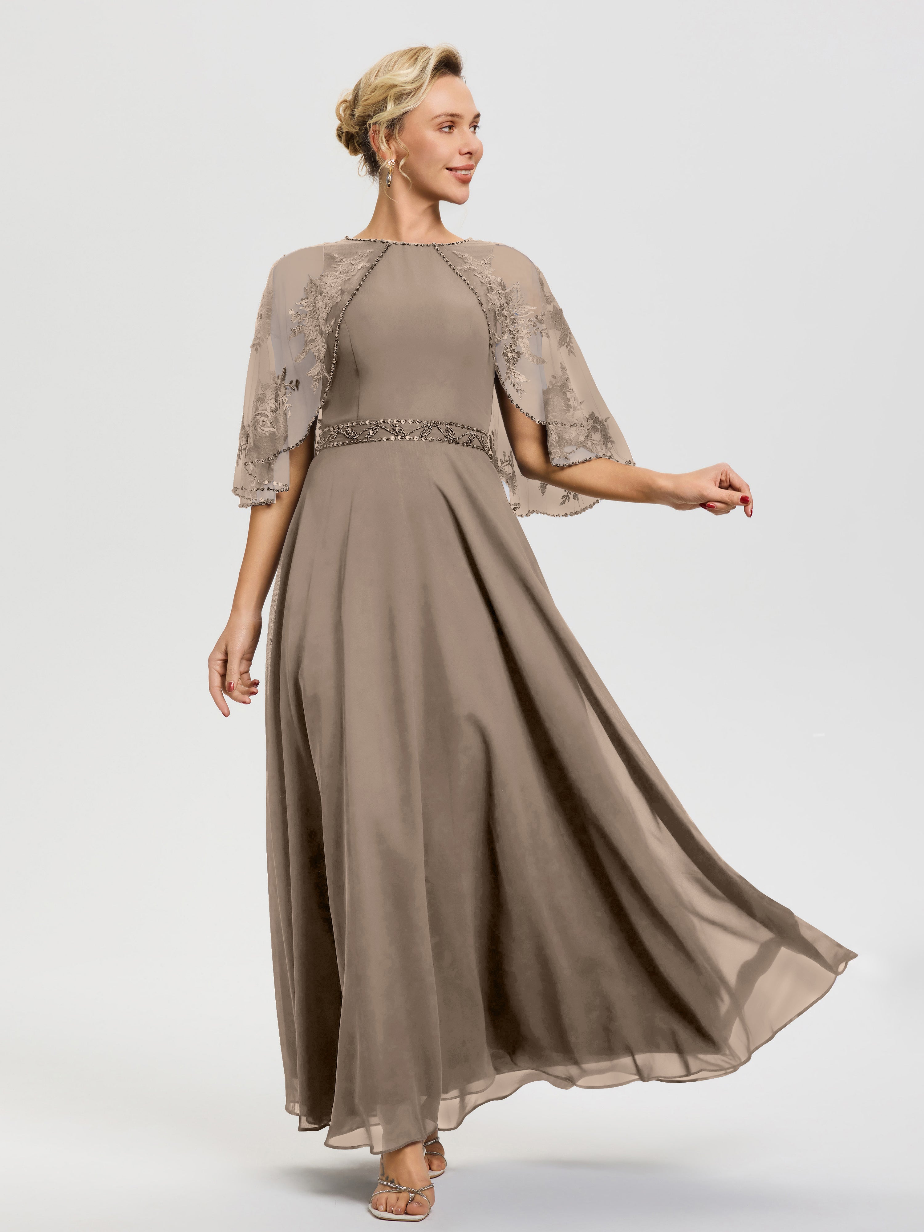 Robe Cérémonie Mère Du Marié Taupe Mousseline & Dentelle Col Rond Robe De Cérémonie Mère De La Mariée