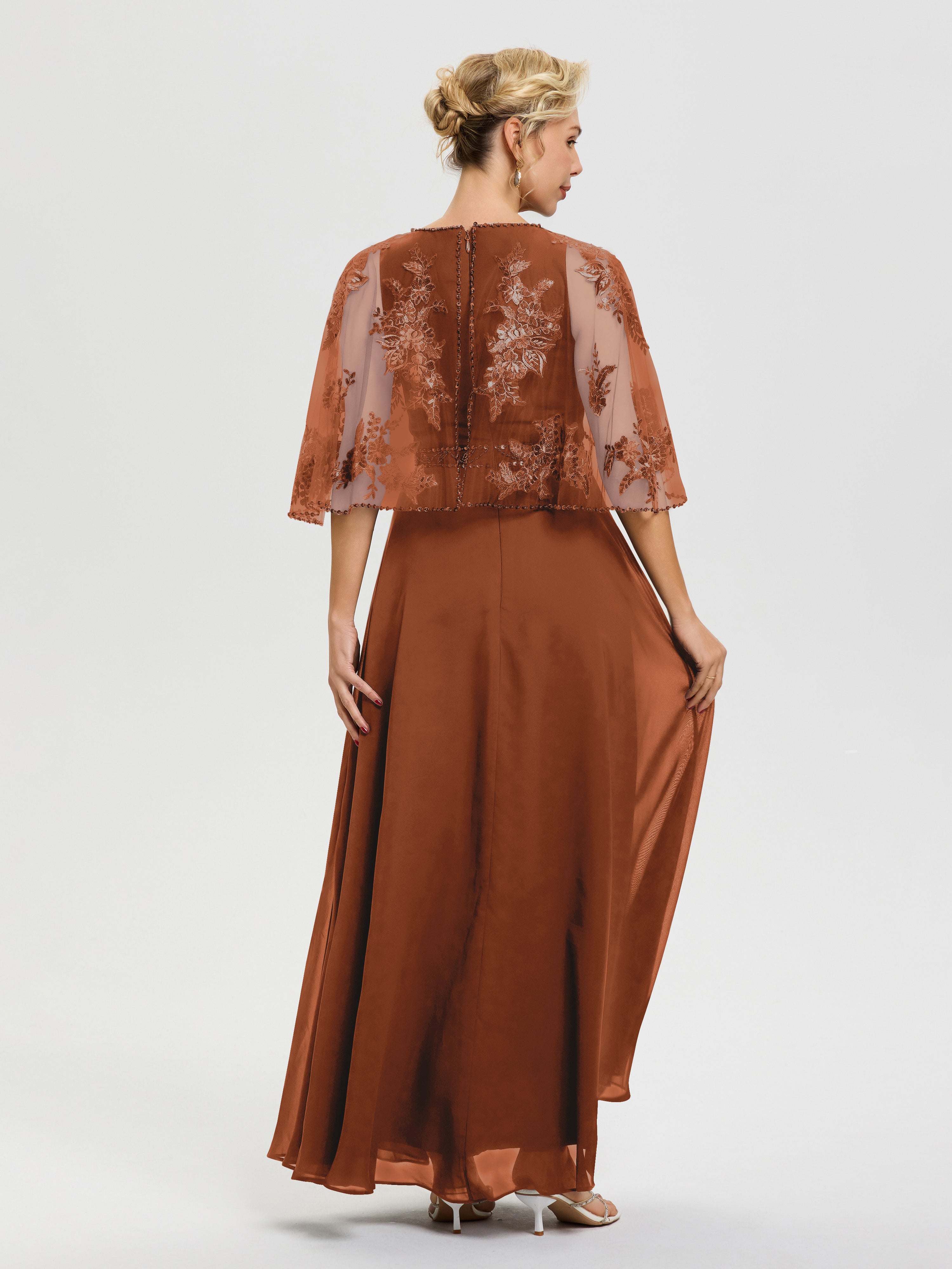 Robe Mere De La Mariee Terracotta Mousseline & Dentelle Col Rond Robe De Cérémonie Mère De La Mariée