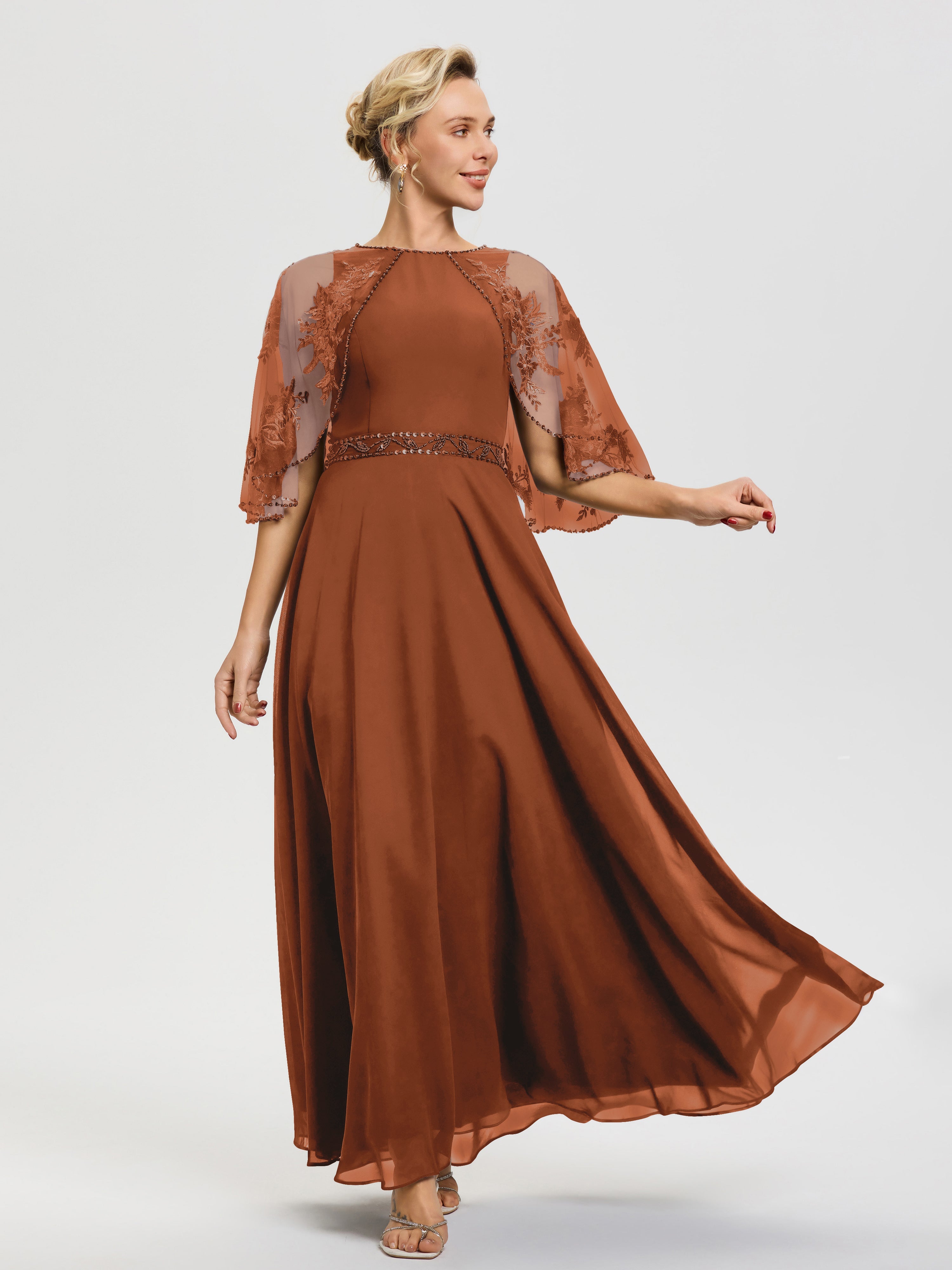 Robe Mere De La Mariee Terracotta Mousseline & Dentelle Col Rond Robe De Cérémonie Mère De La Mariée