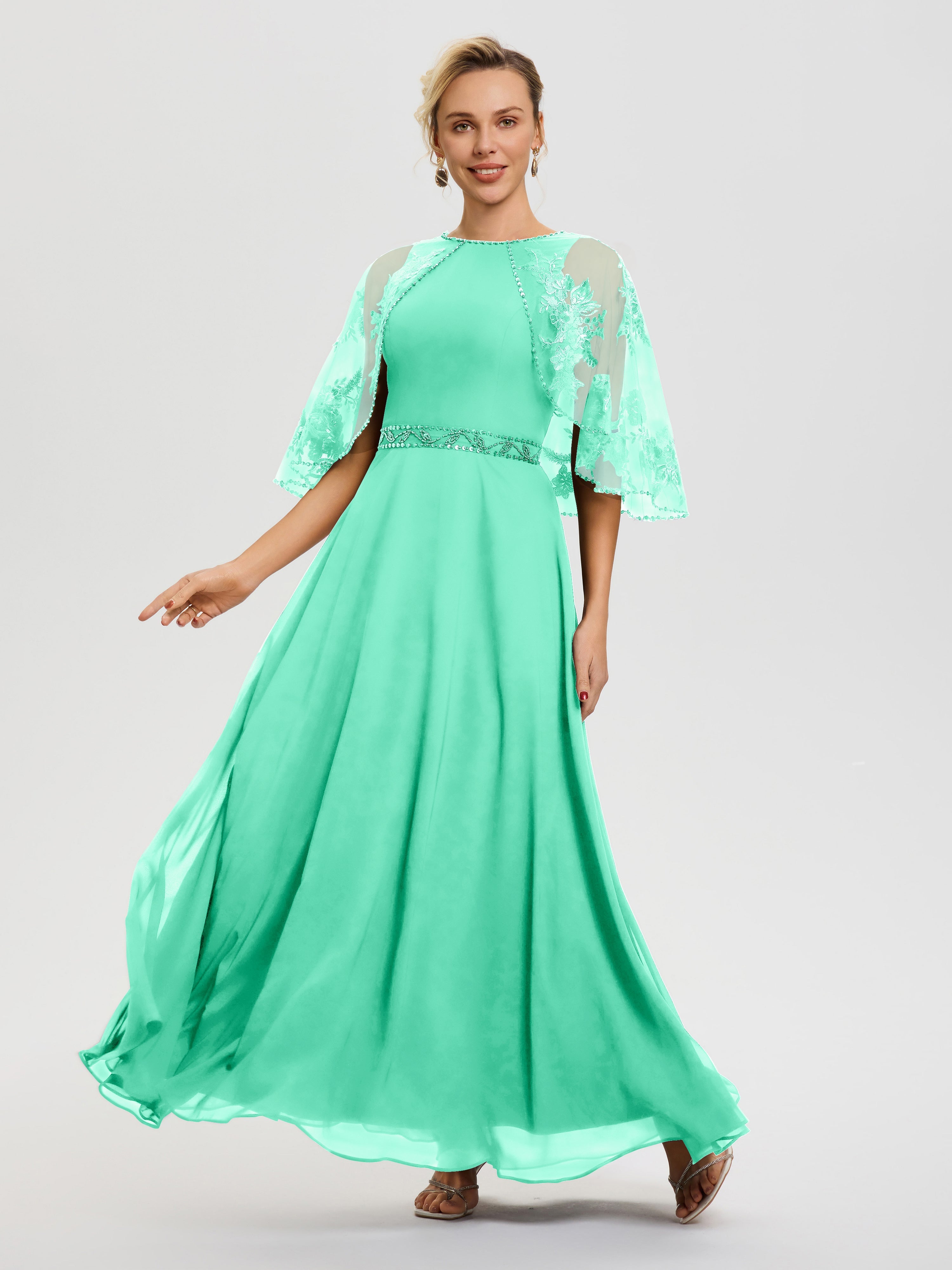 Robe Pour Mariage Mère Du Marié Turquoise Mousseline & Dentelle Col Rond Robe De Cérémonie Mère De La Mariée