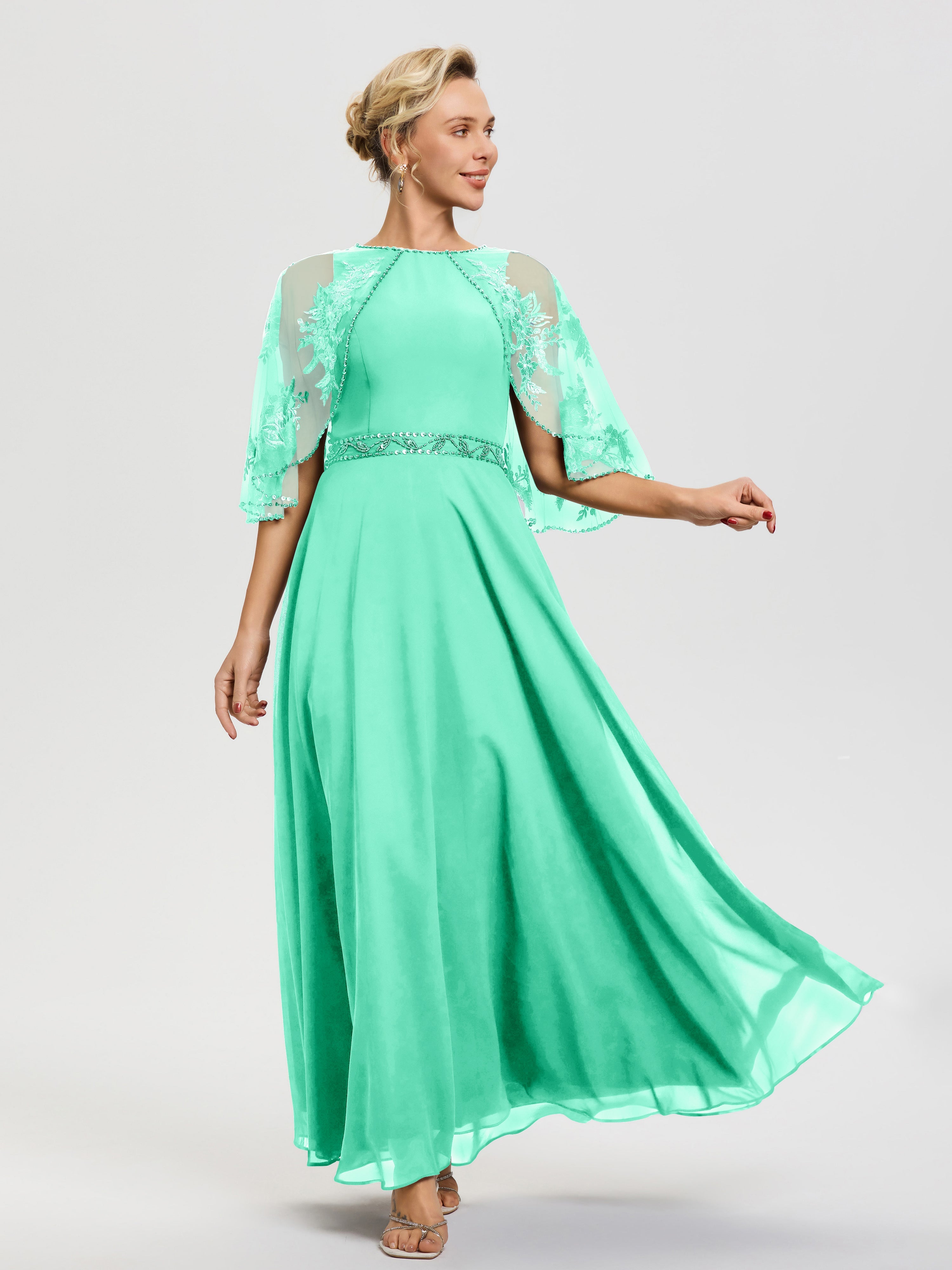Robe Pour Mariage Mère Du Marié Turquoise Mousseline & Dentelle Col Rond Robe De Cérémonie Mère De La Mariée
