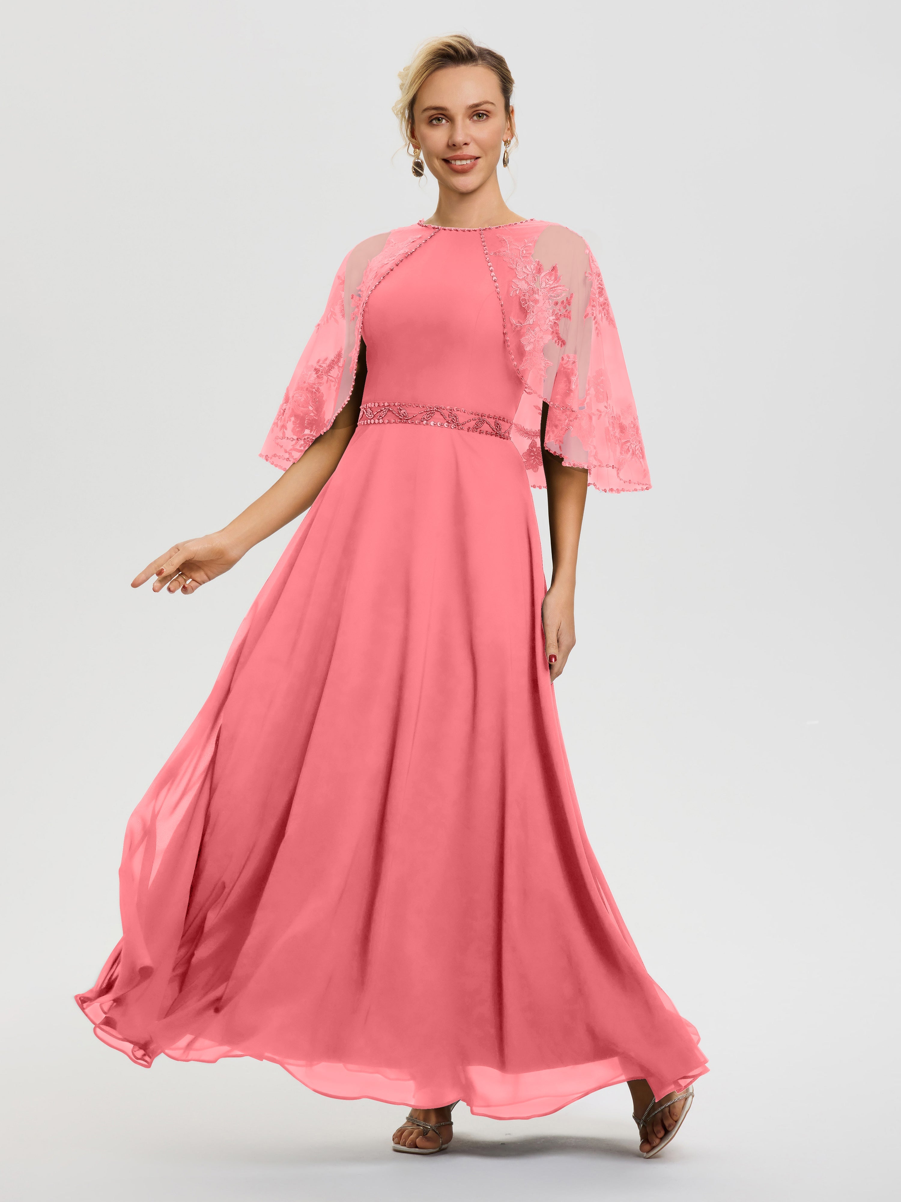 Robe De Mère Du Marié Pastèque Mousseline & Dentelle Col Rond Robe De Cérémonie Mère De La Mariée