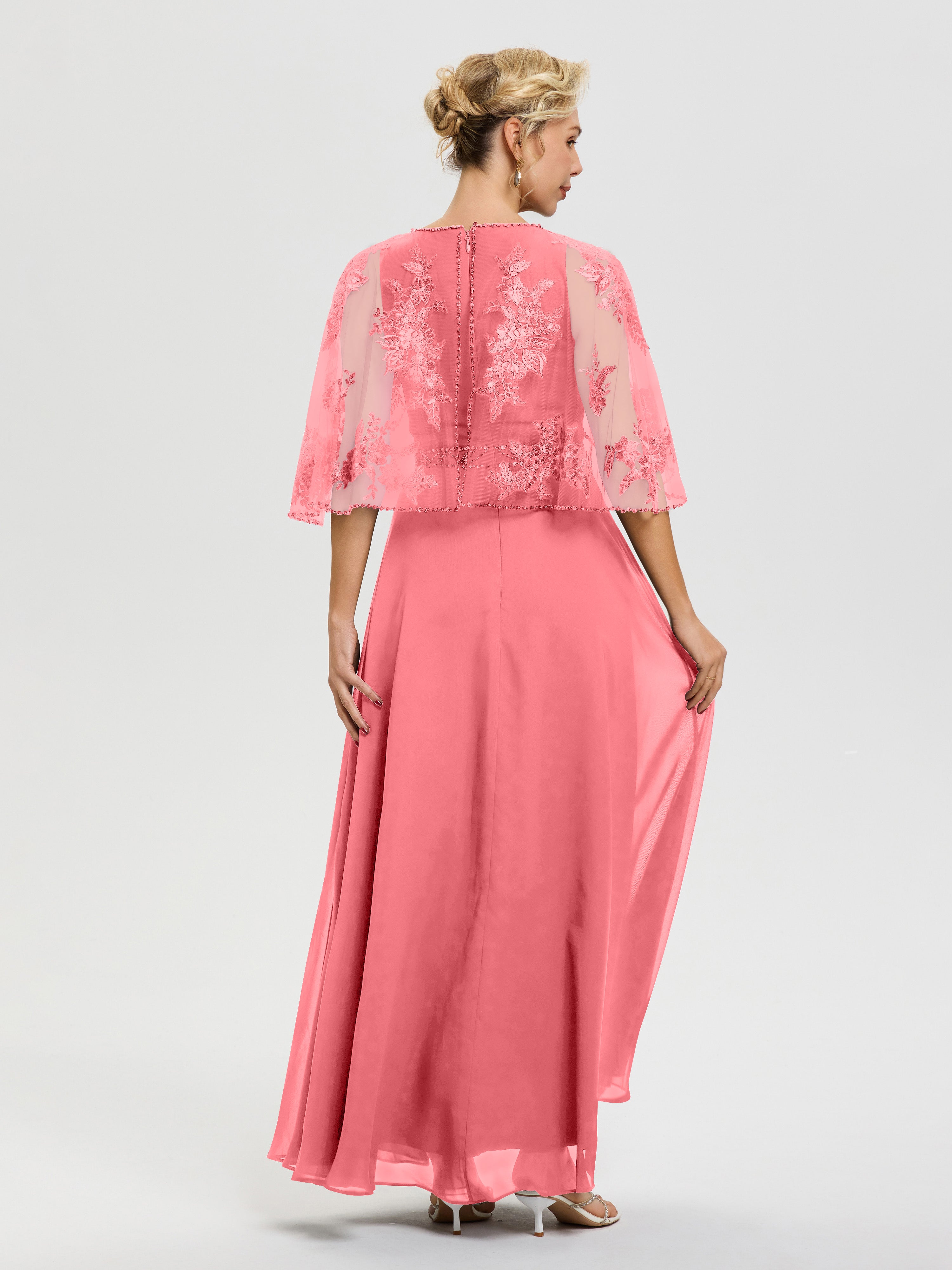 Robe De Mère Du Marié Pastèque Mousseline & Dentelle Col Rond Robe De Cérémonie Mère De La Mariée