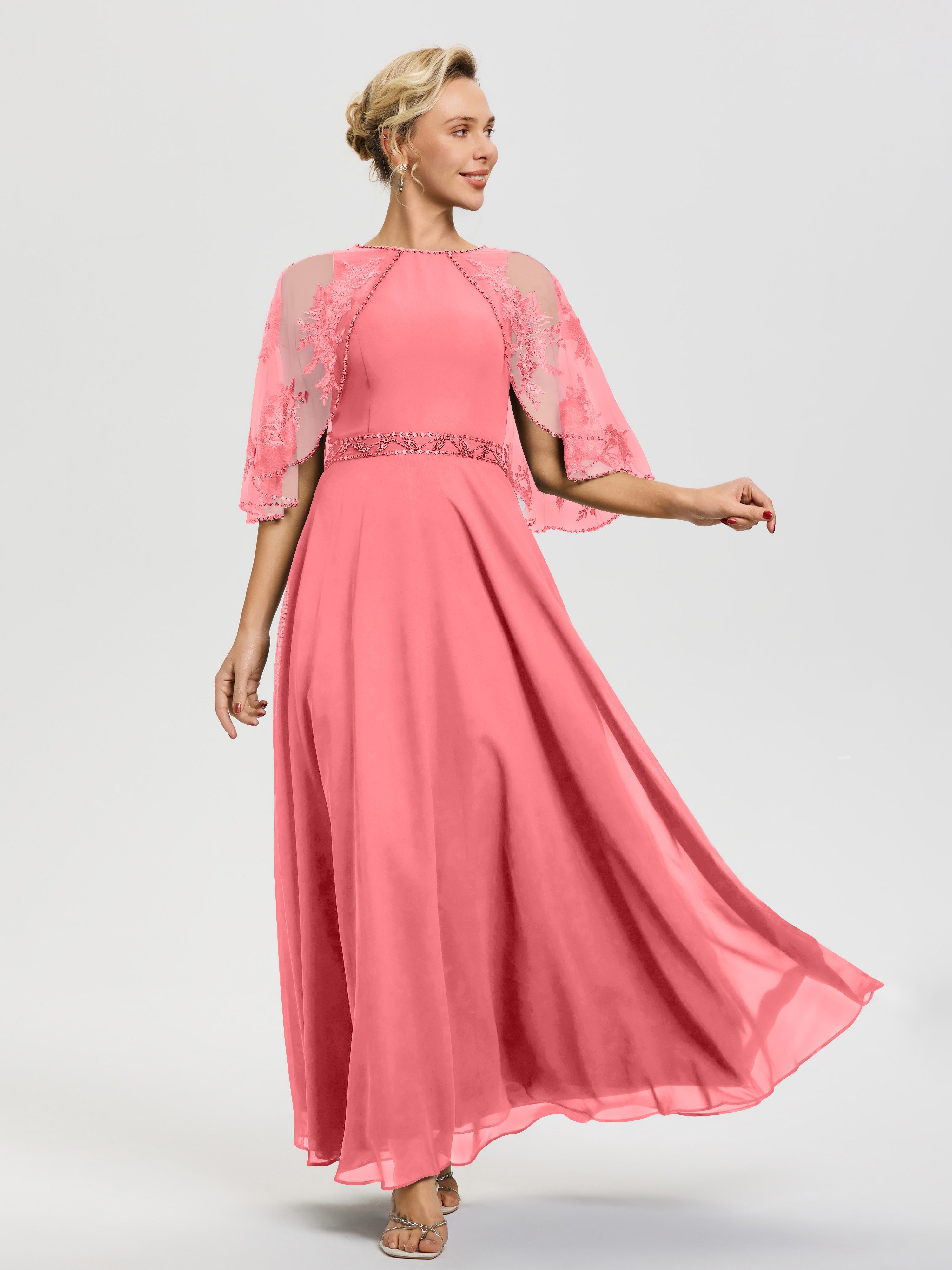 Robe De Mère Du Marié Pastèque Mousseline & Dentelle Col Rond Robe De Cérémonie Mère De La Mariée