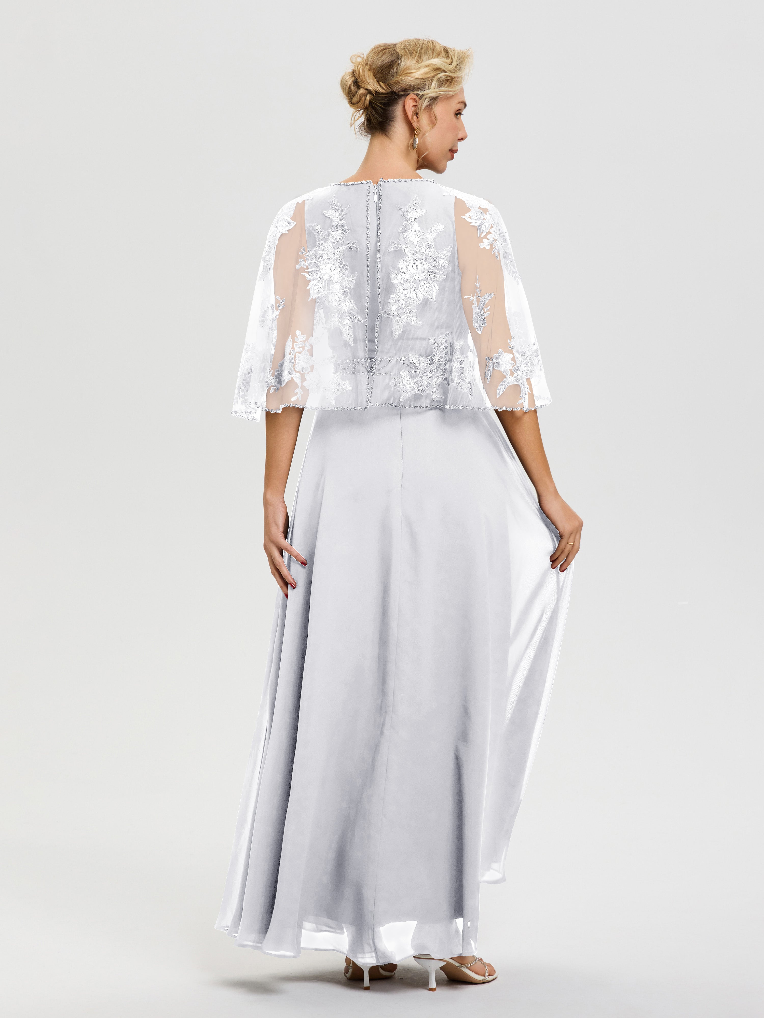 Robe Mère Du Marié Blanc Mousseline & Dentelle Col Rond Robe De Cérémonie Mère De La Mariée