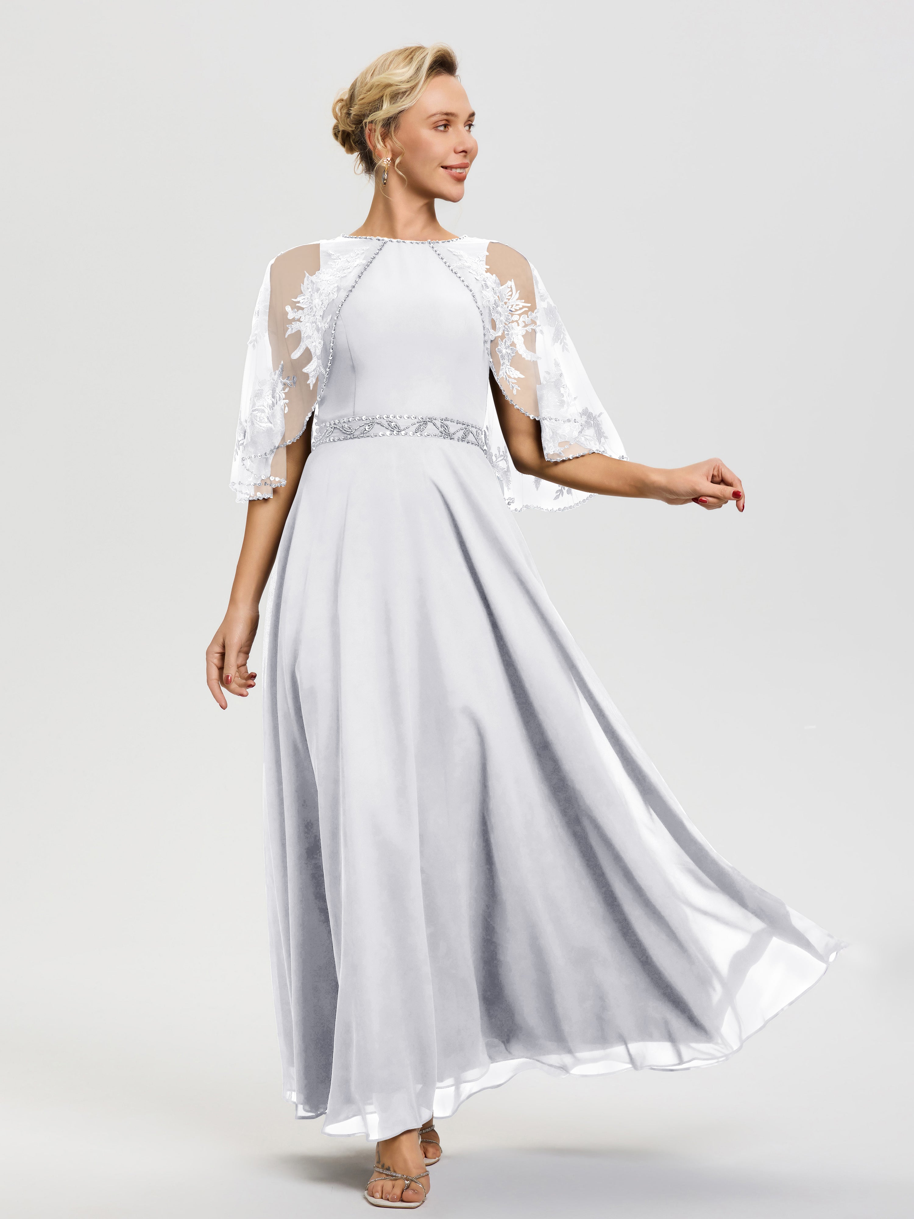 Robe Mère Du Marié Blanc Mousseline & Dentelle Col Rond Robe De Cérémonie Mère De La Mariée