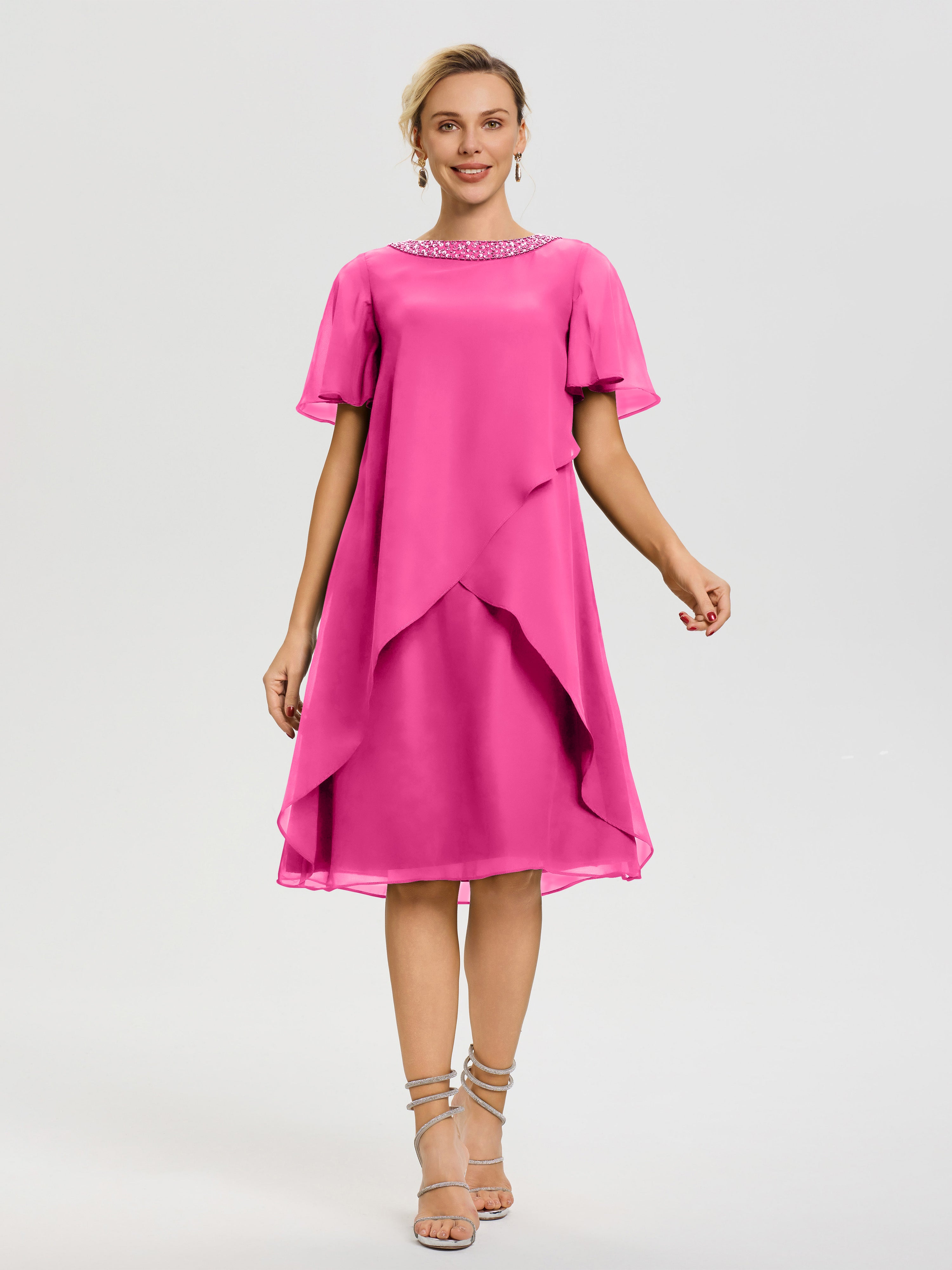 Robe Pour Mariage Mère Du Marié Azalee Col-Rond-Mancherons-Mousseline-Robe-Mariage-Mere-Du-Marie