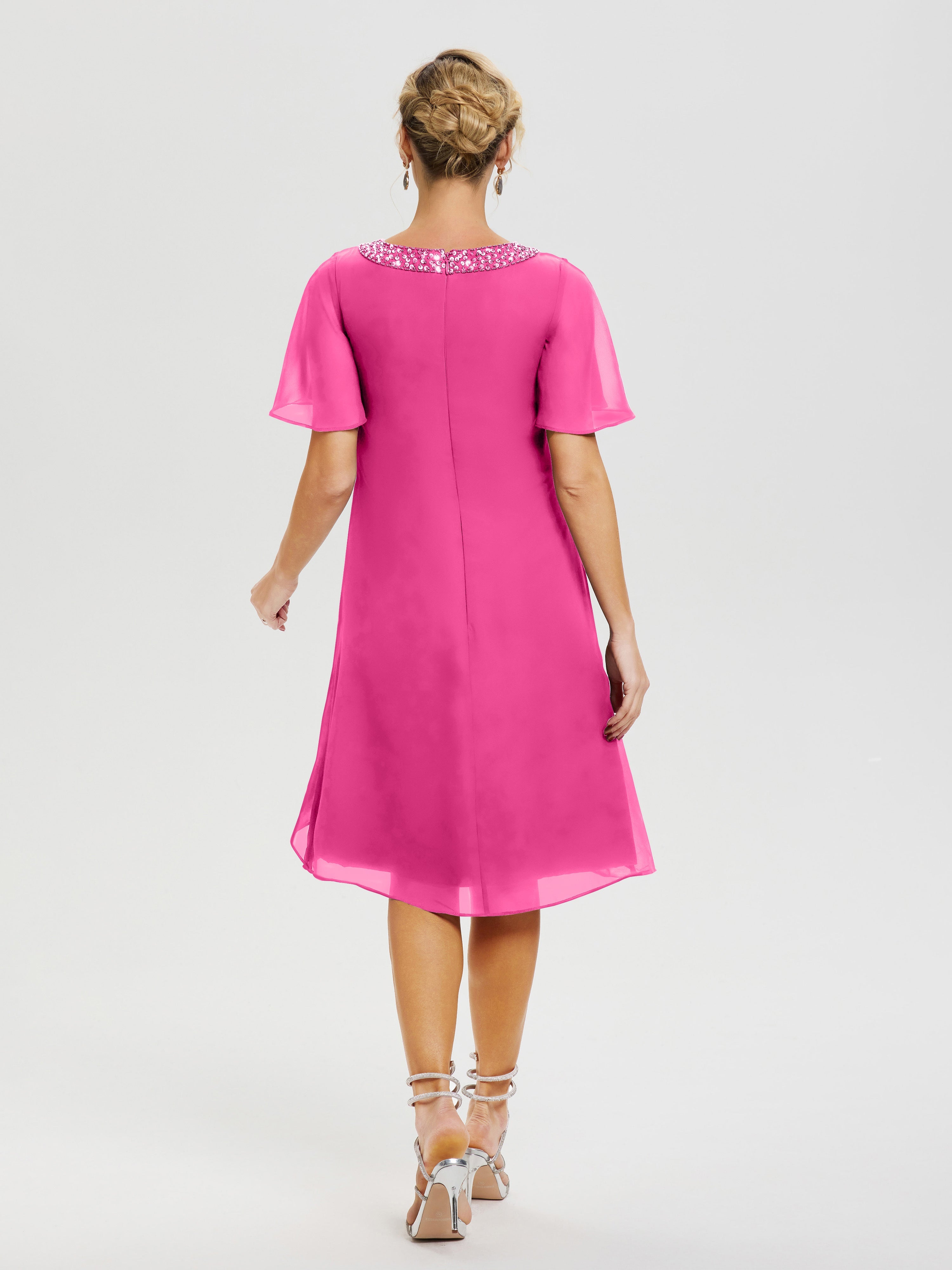 Robe Pour Mariage Mère Du Marié Azalee Col-Rond-Mancherons-Mousseline-Robe-Mariage-Mere-Du-Marie
