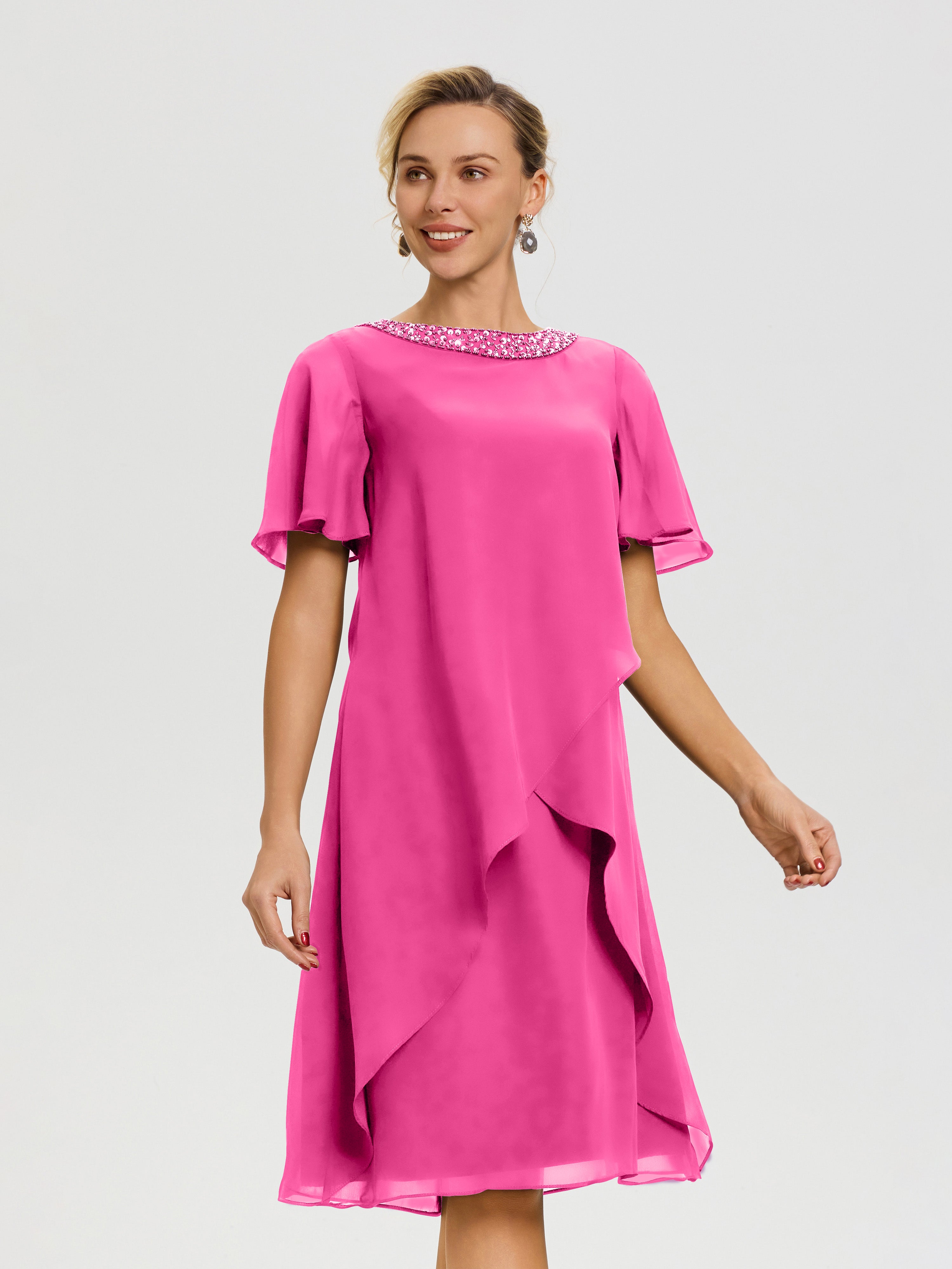 Robe Pour Mariage Mère Du Marié Azalee Col-Rond-Mancherons-Mousseline-Robe-Mariage-Mere-Du-Marie