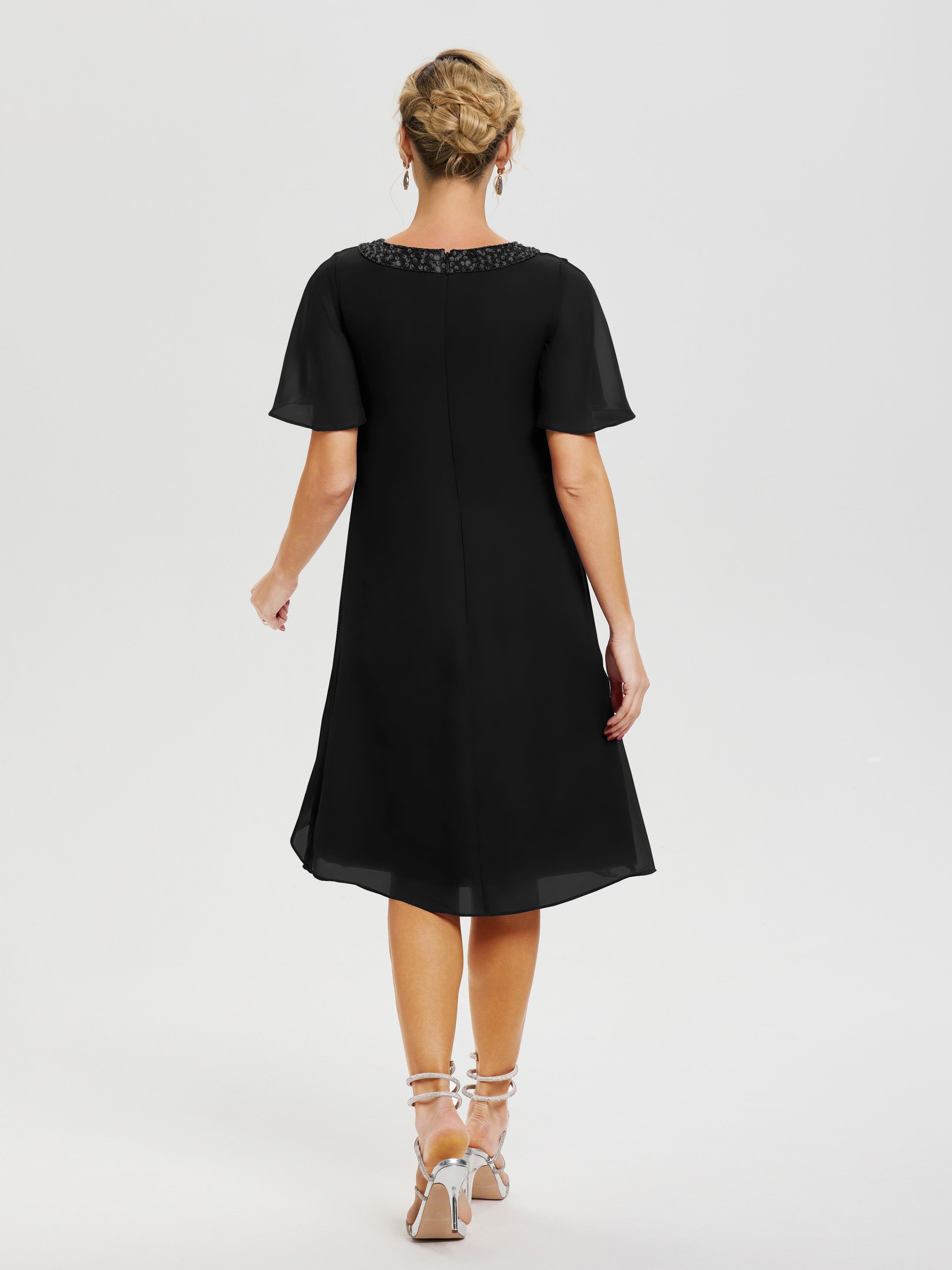 Robe Pour Mère De La Mariée Noir Col Rond Mancherons Mousseline Robe Mariage Mère Du Marié