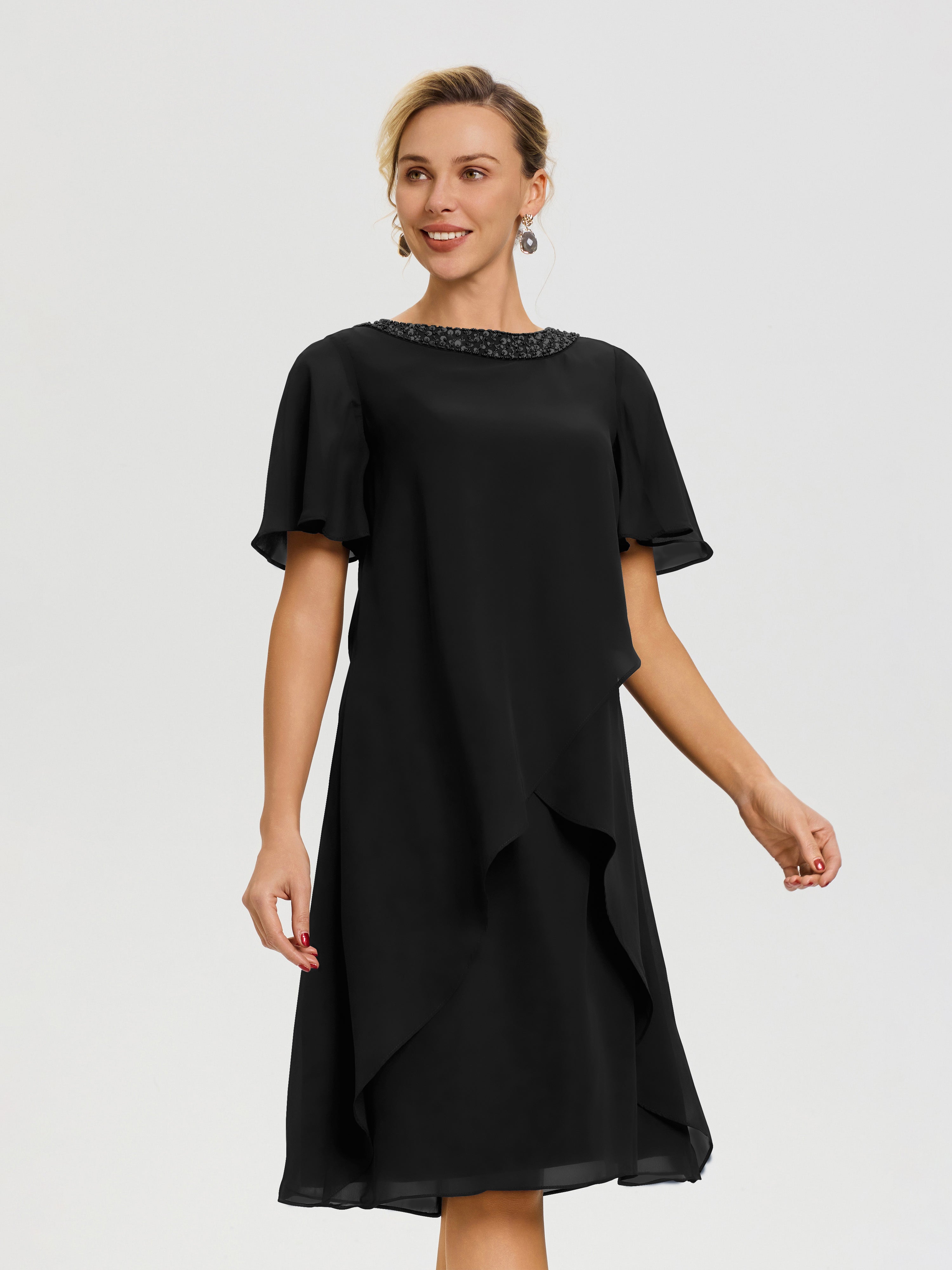 Robe Pour Mère De La Mariée Noir Col Rond Mancherons Mousseline Robe Mariage Mère Du Marié