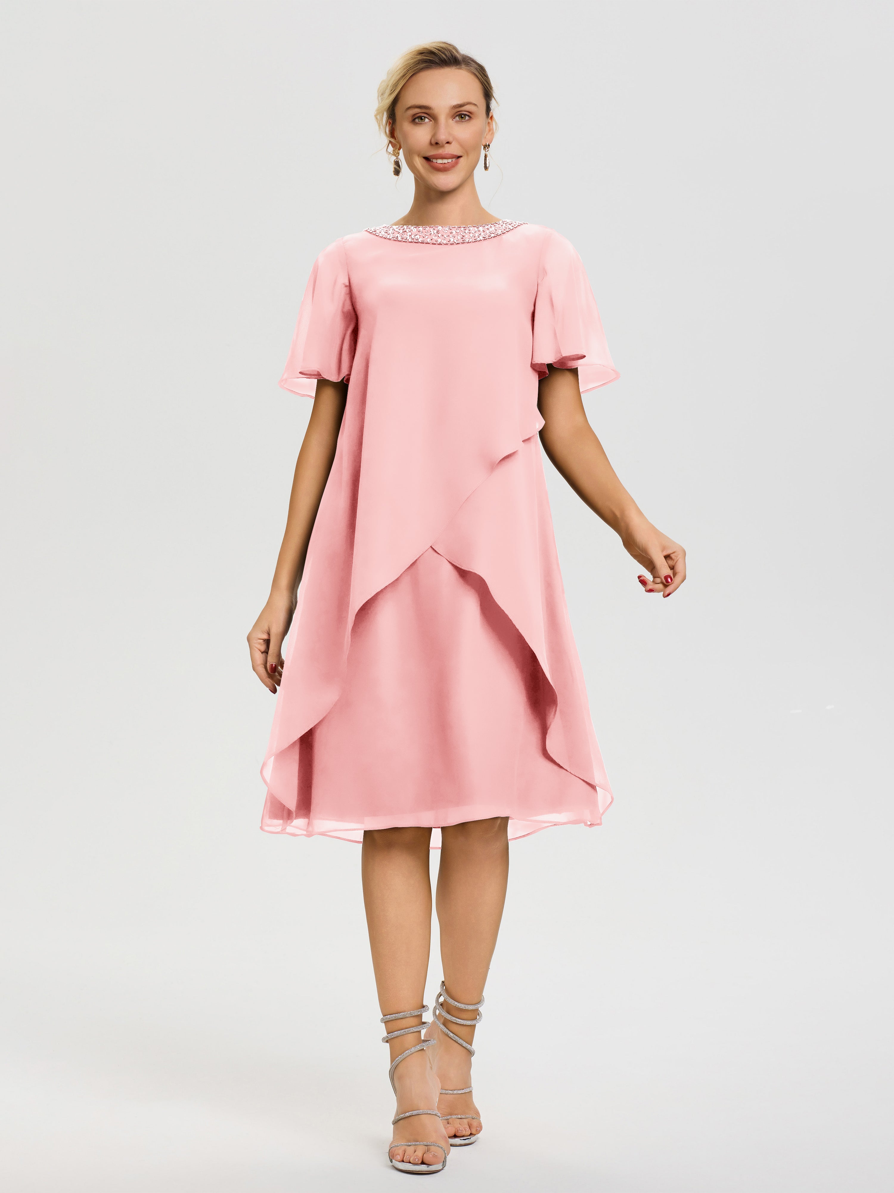Robe Mere De La Mariee Rose Col Rond Mancherons Mousseline Robe Mariage Mère Du Marié