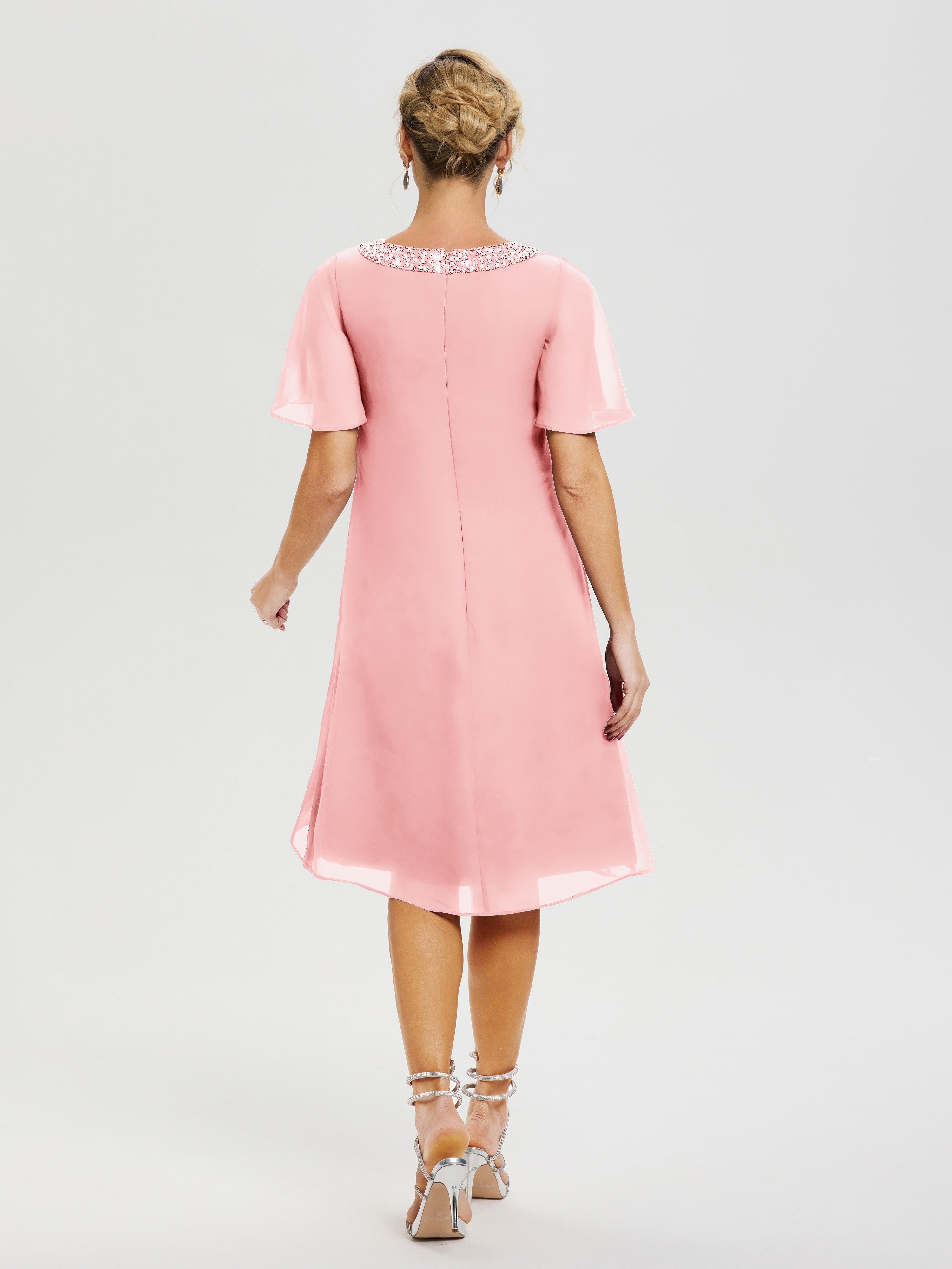 Robe Mere De La Mariee Rose Col Rond Mancherons Mousseline Robe Mariage Mère Du Marié
