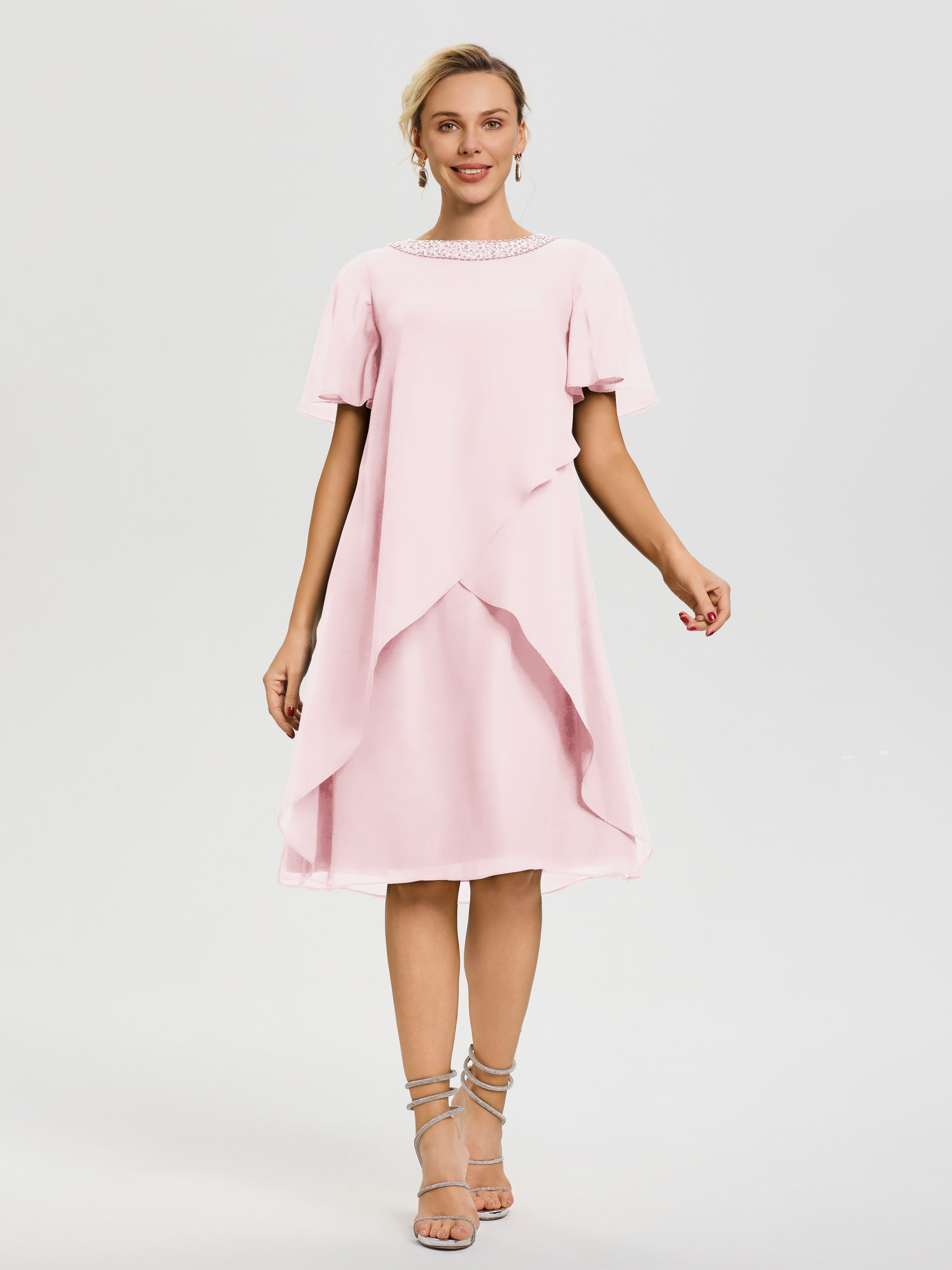 Robe Pour Mère De La Mariée Rose Pale Col Rond Mancherons Mousseline Robe Mariage Mère Du Marié