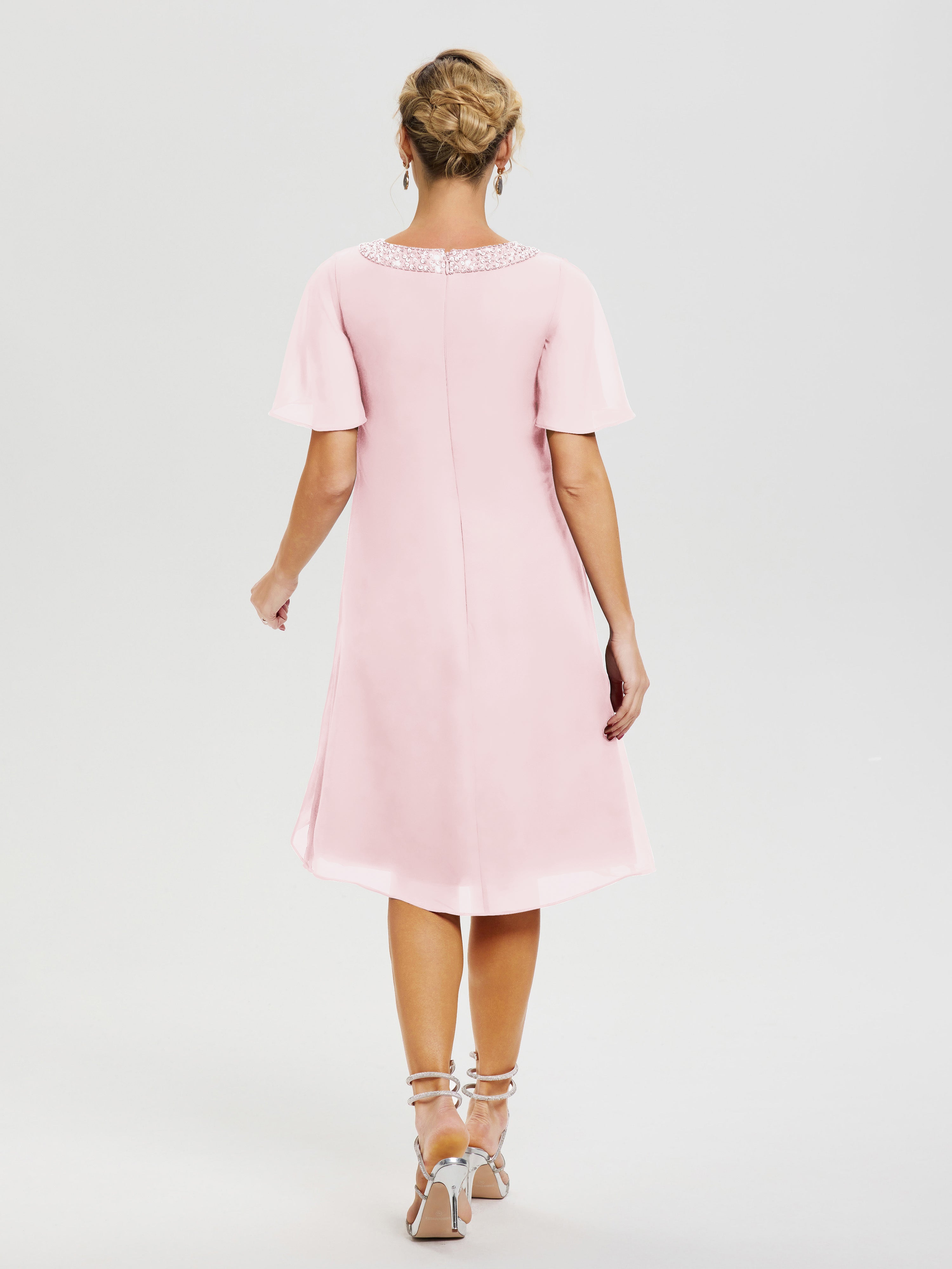 Robe Pour Mère De La Mariée Rose Pale Col Rond Mancherons Mousseline Robe Mariage Mère Du Marié