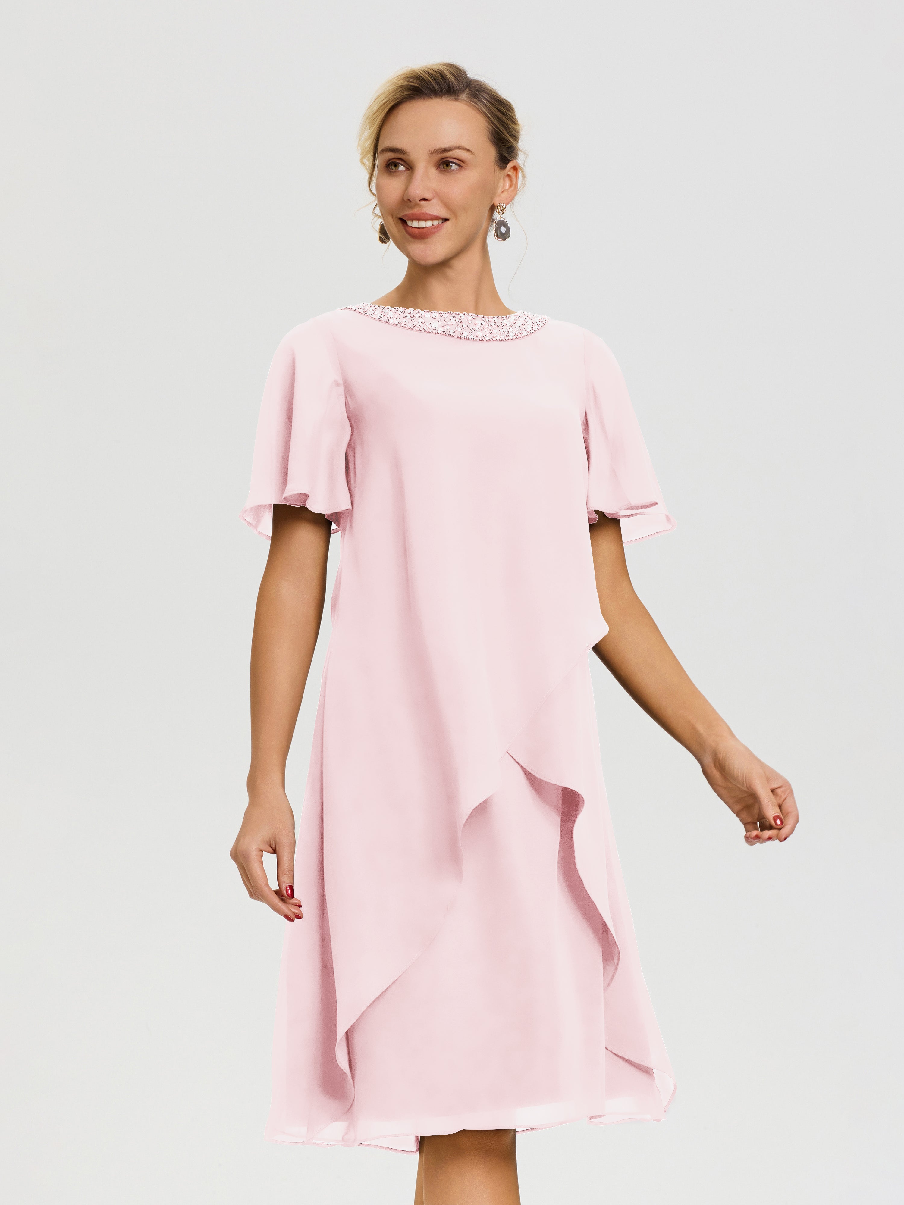 Robe Pour Mère De La Mariée Rose Pale Col Rond Mancherons Mousseline Robe Mariage Mère Du Marié