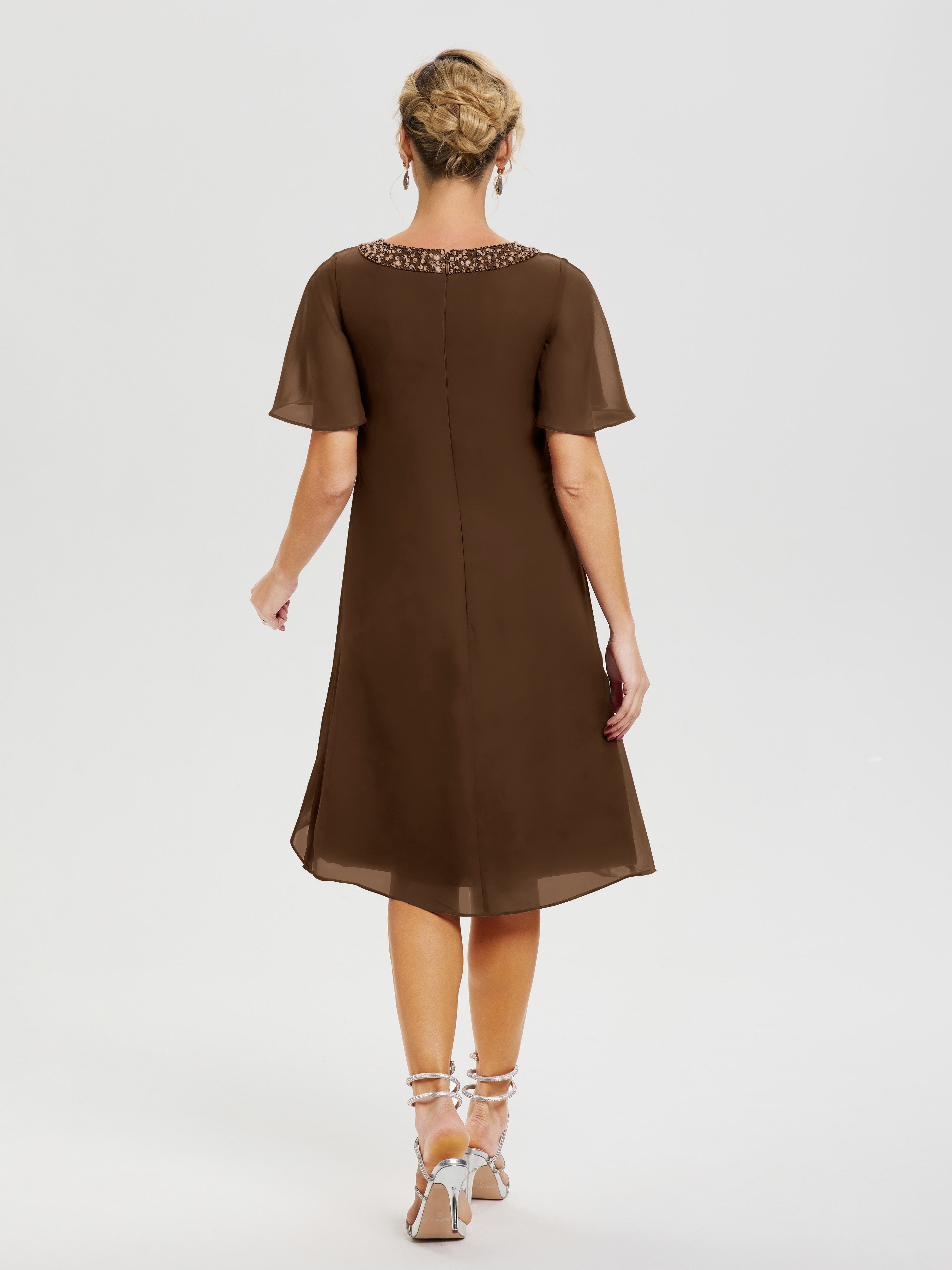 Robe Pour Mariage Mère Du Marié Brun Col-Rond-Mancherons-Mousseline-Robe-Mariage-Mere-Du-Marie