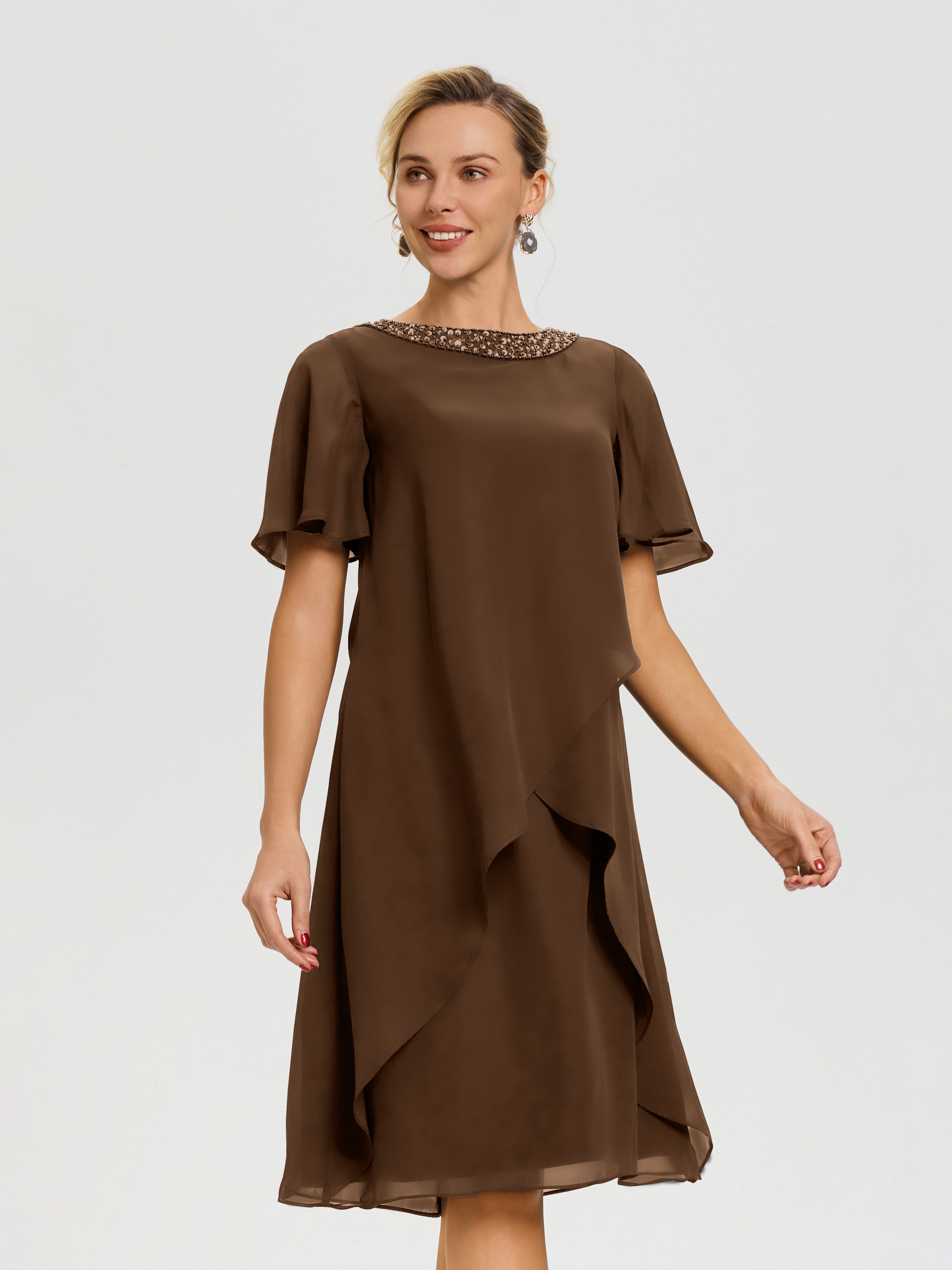 Robe Pour Mariage Mère Du Marié Brun Col-Rond-Mancherons-Mousseline-Robe-Mariage-Mere-Du-Marie