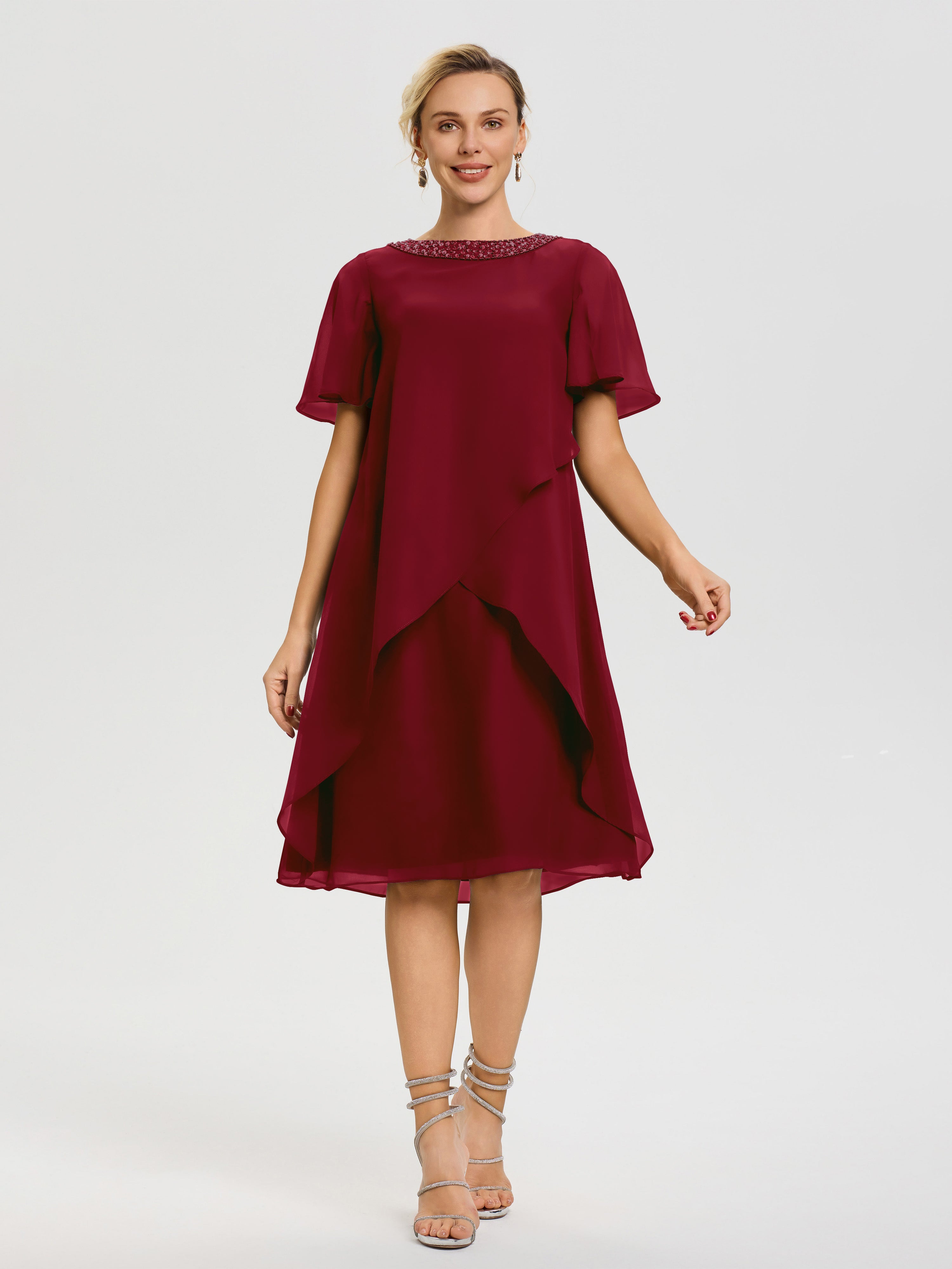 Robe Mere De La Mariee Bordeaux Col Rond Mancherons Mousseline Robe Mariage Mère Du Marié
