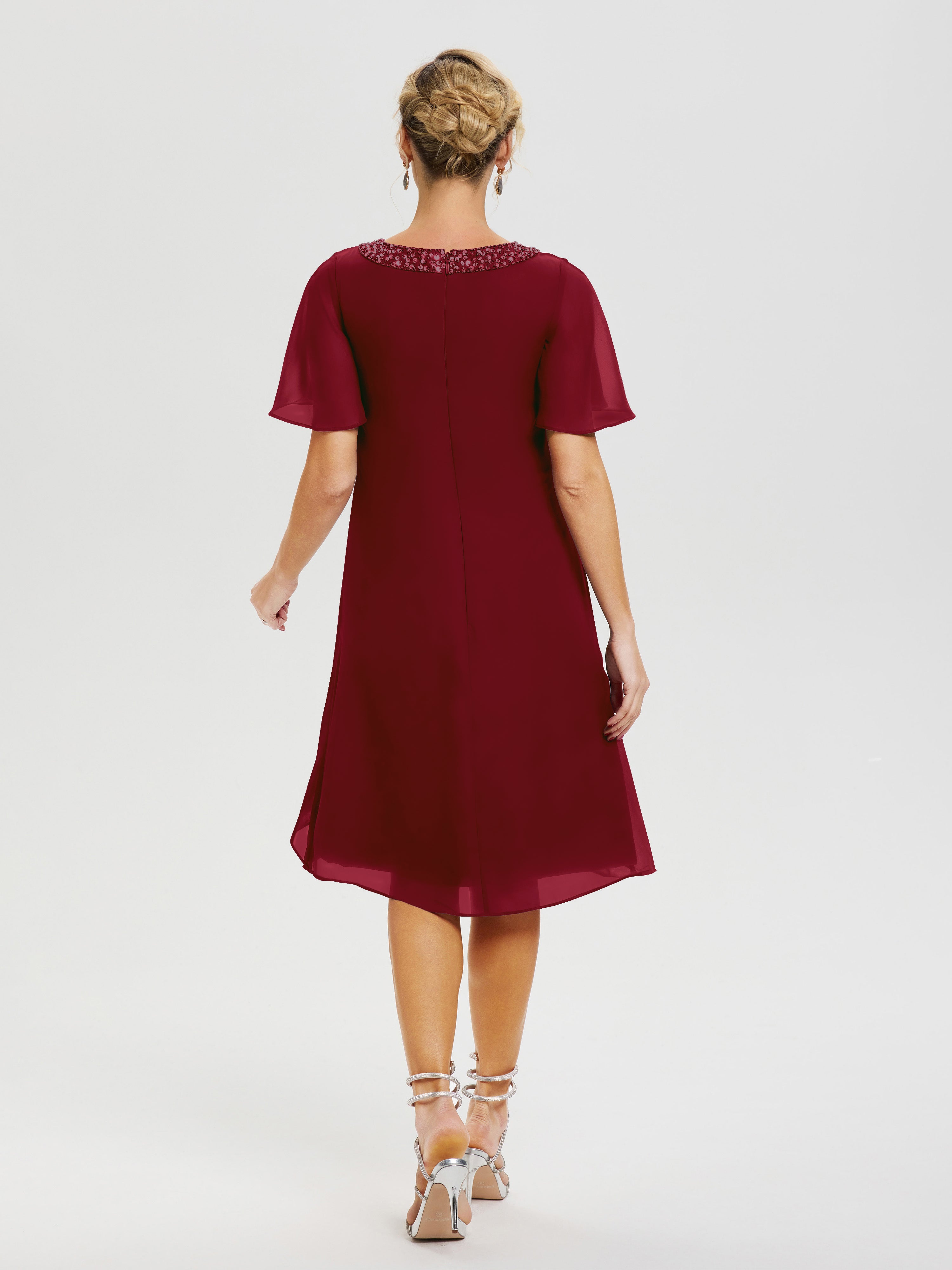 Robe Mere De La Mariee Bordeaux Col Rond Mancherons Mousseline Robe Mariage Mère Du Marié