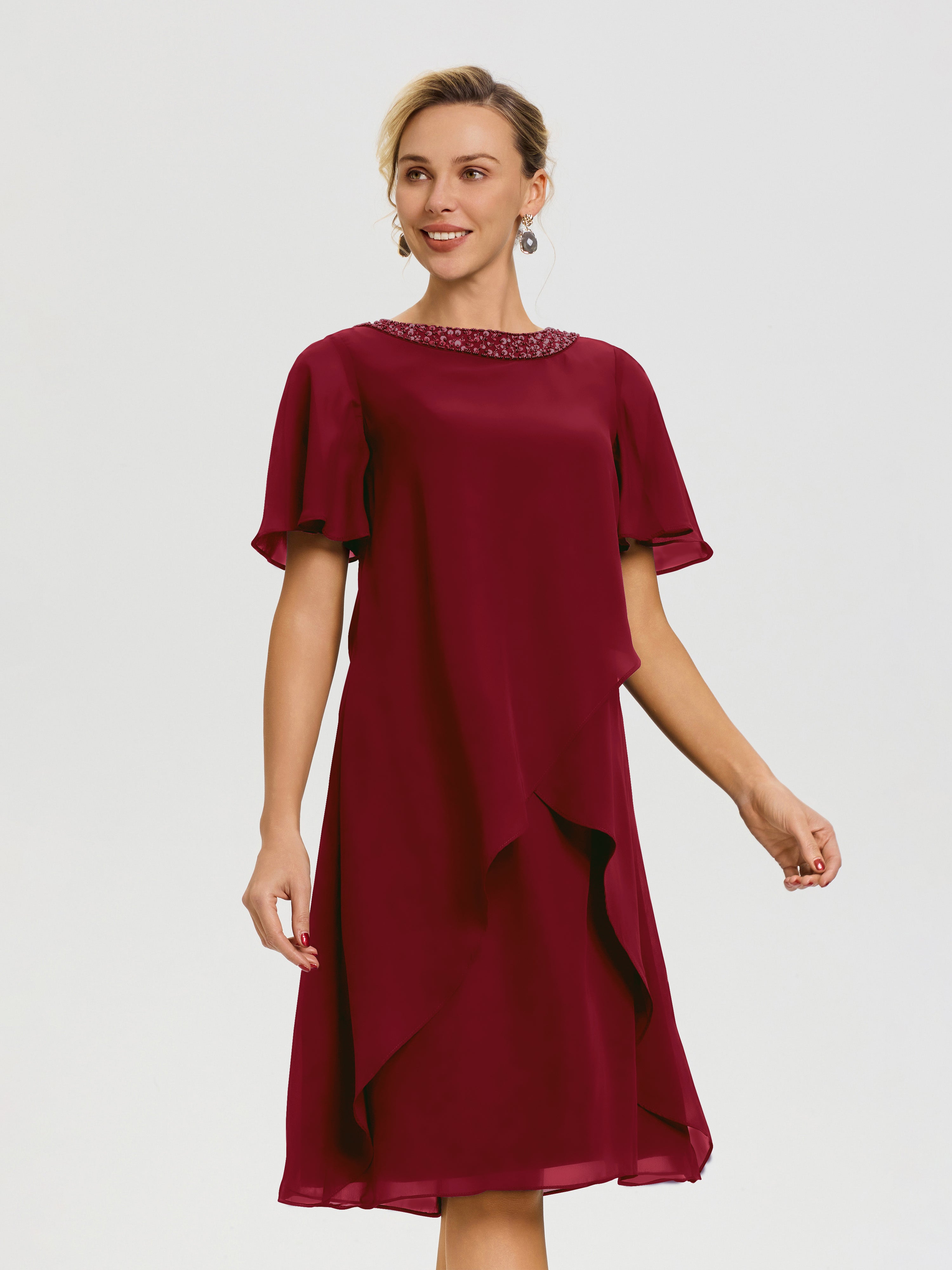 Robe Mere De La Mariee Bordeaux Col Rond Mancherons Mousseline Robe Mariage Mère Du Marié