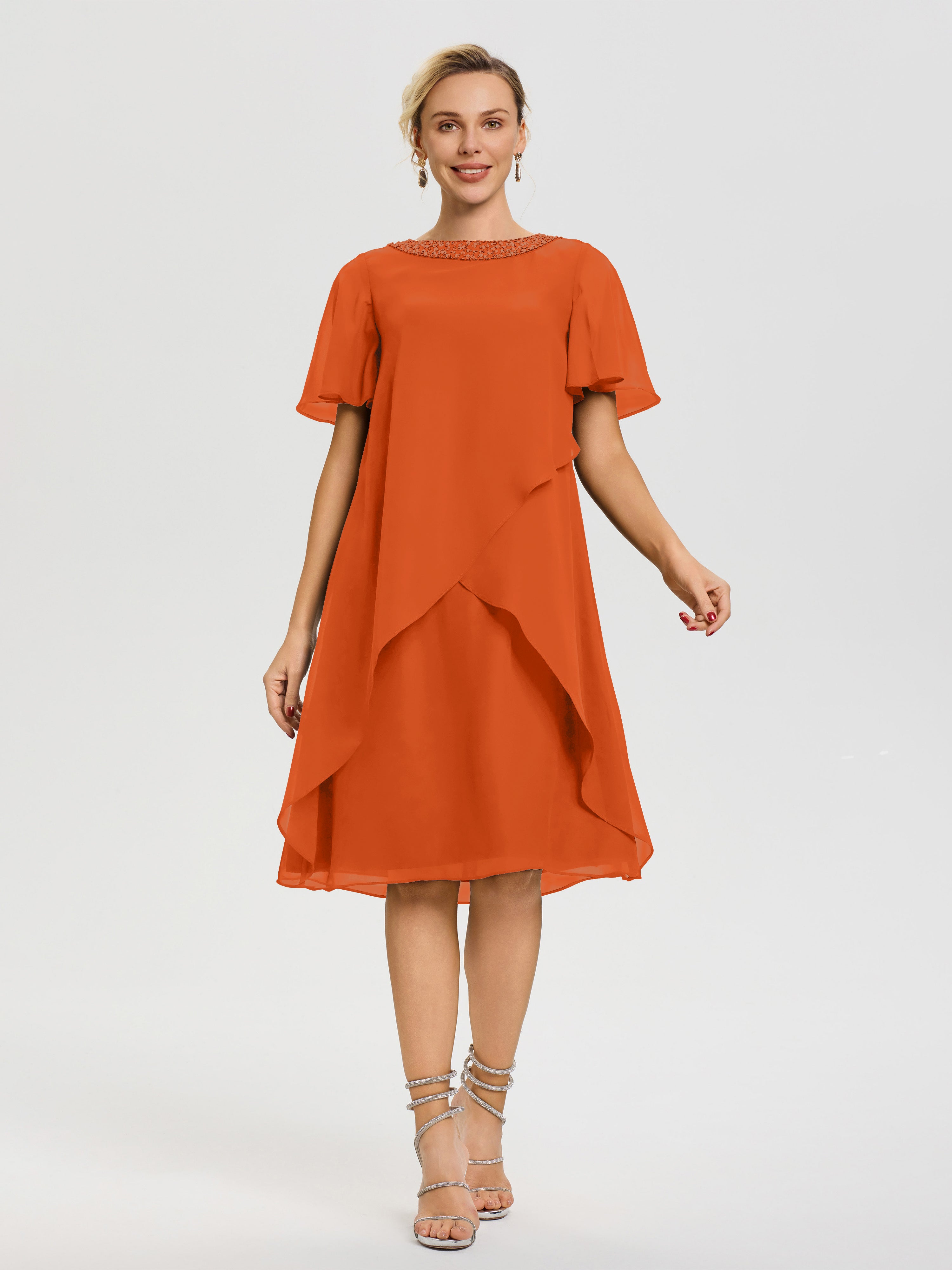 Robe Pour Mariage Mère Du Marié Orange Brule Col Rond Mancherons Mousseline Robe Mariage Mère Du Marié