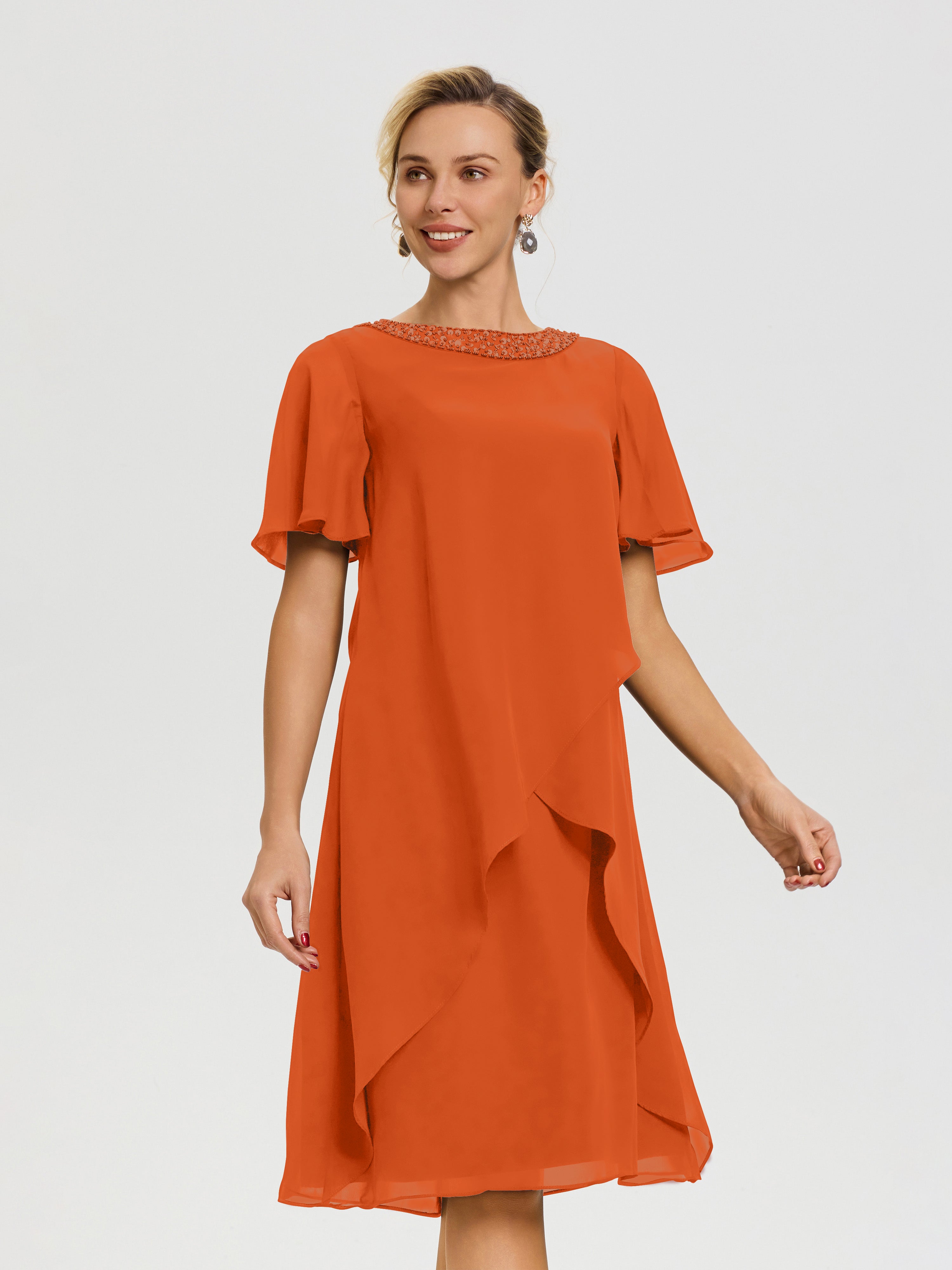 Robe Pour Mariage Mère Du Marié Orange Brule Col Rond Mancherons Mousseline Robe Mariage Mère Du Marié