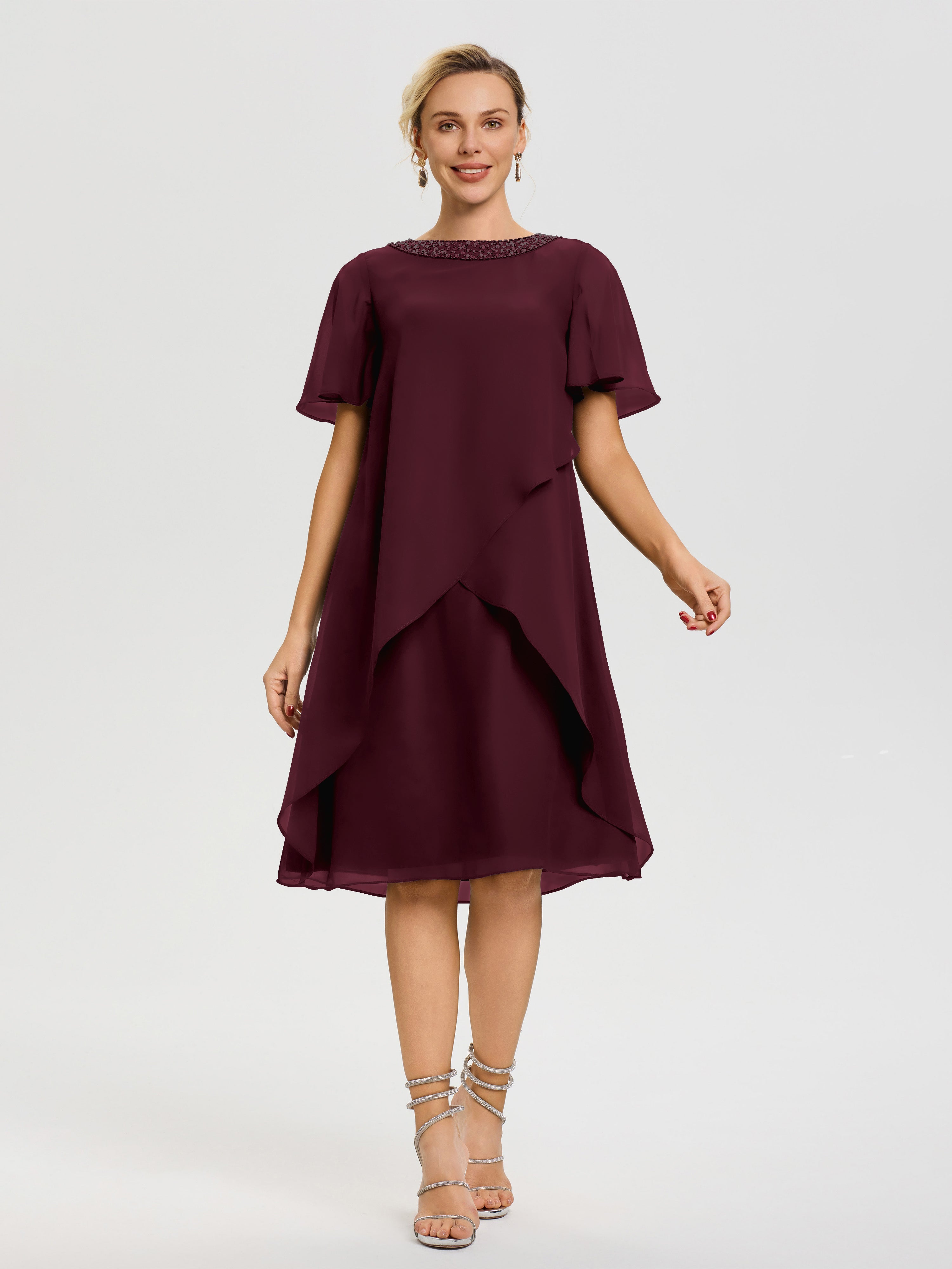 Robe Pour Mariage Mère Du Marié Cabernet Col-Rond-Mancherons-Mousseline-Robe-Mariage-Mere-Du-Marie