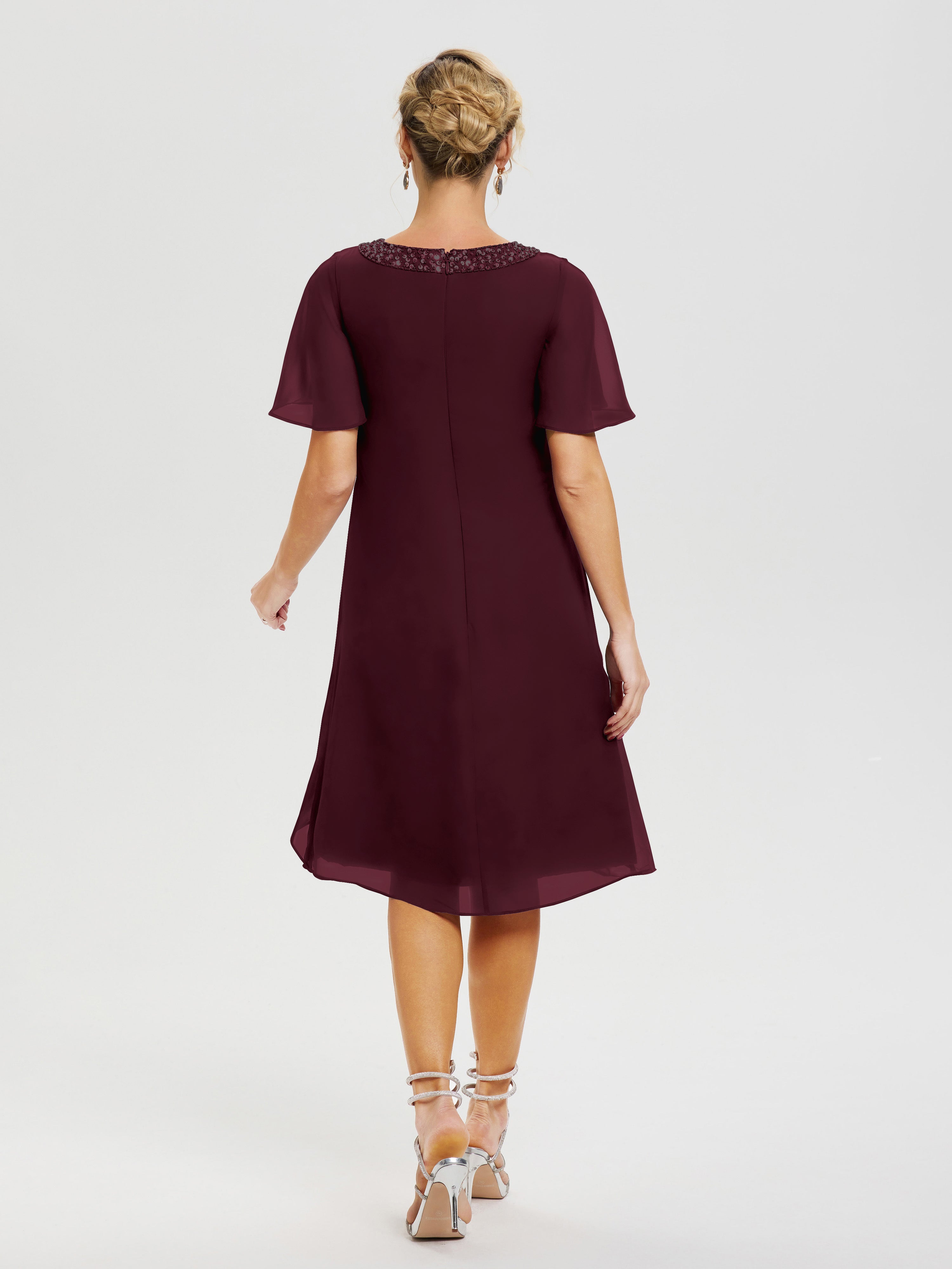 Robe Pour Mariage Mère Du Marié Cabernet Col-Rond-Mancherons-Mousseline-Robe-Mariage-Mere-Du-Marie