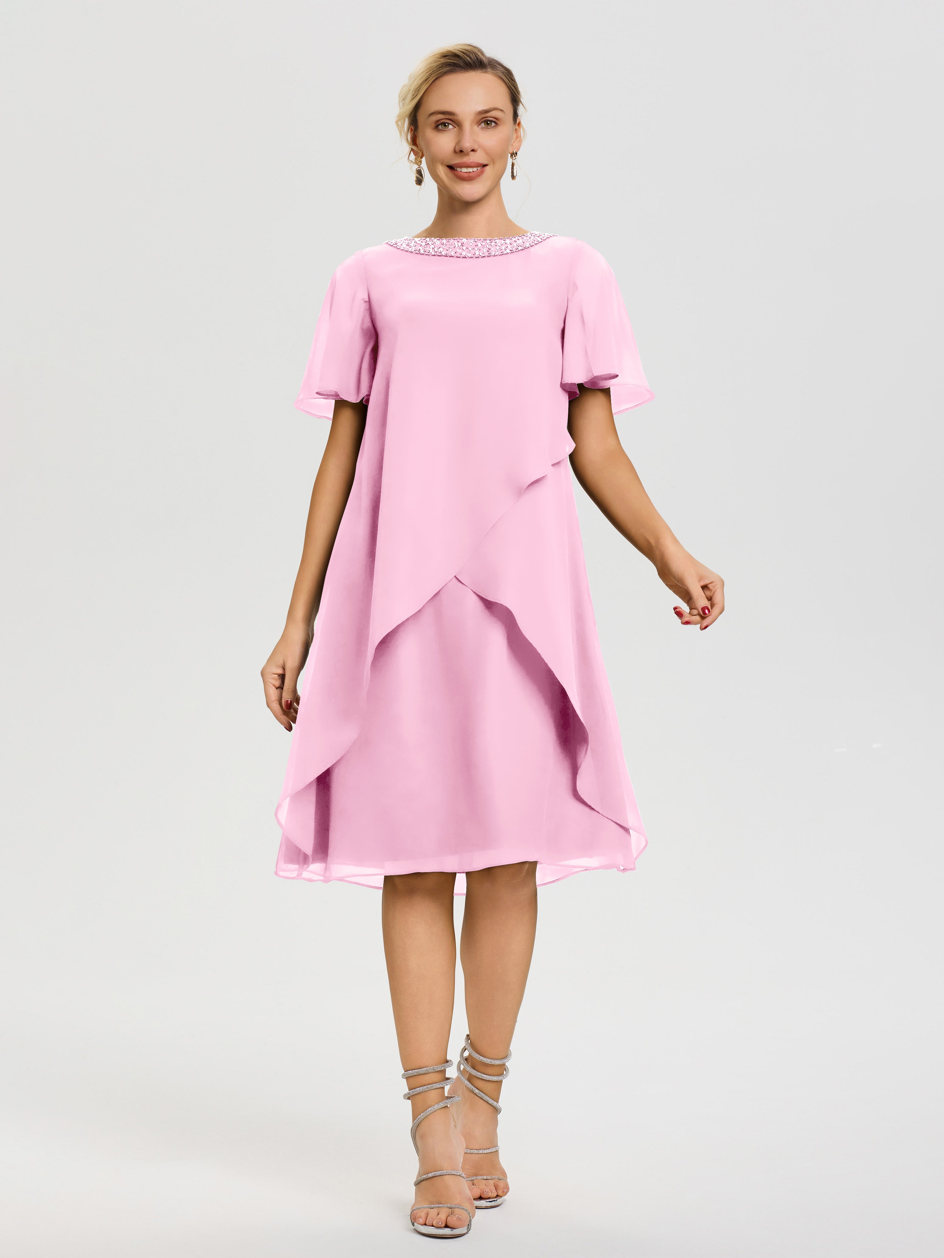 Robe Pour Mère De La Mariée Rose Bonbon Col Rond Mancherons Mousseline Robe Mariage Mère Du Marié