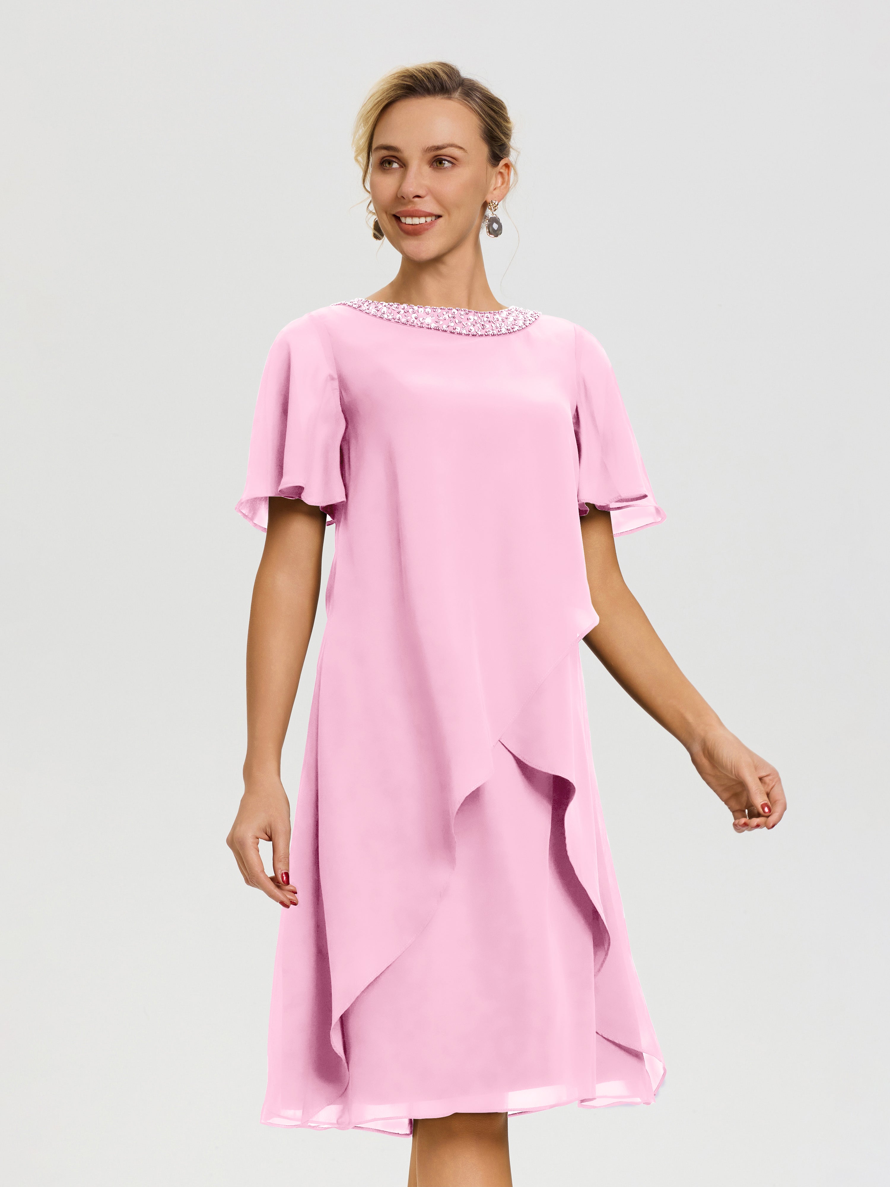 Robe Pour Mère De La Mariée Rose Bonbon Col Rond Mancherons Mousseline Robe Mariage Mère Du Marié