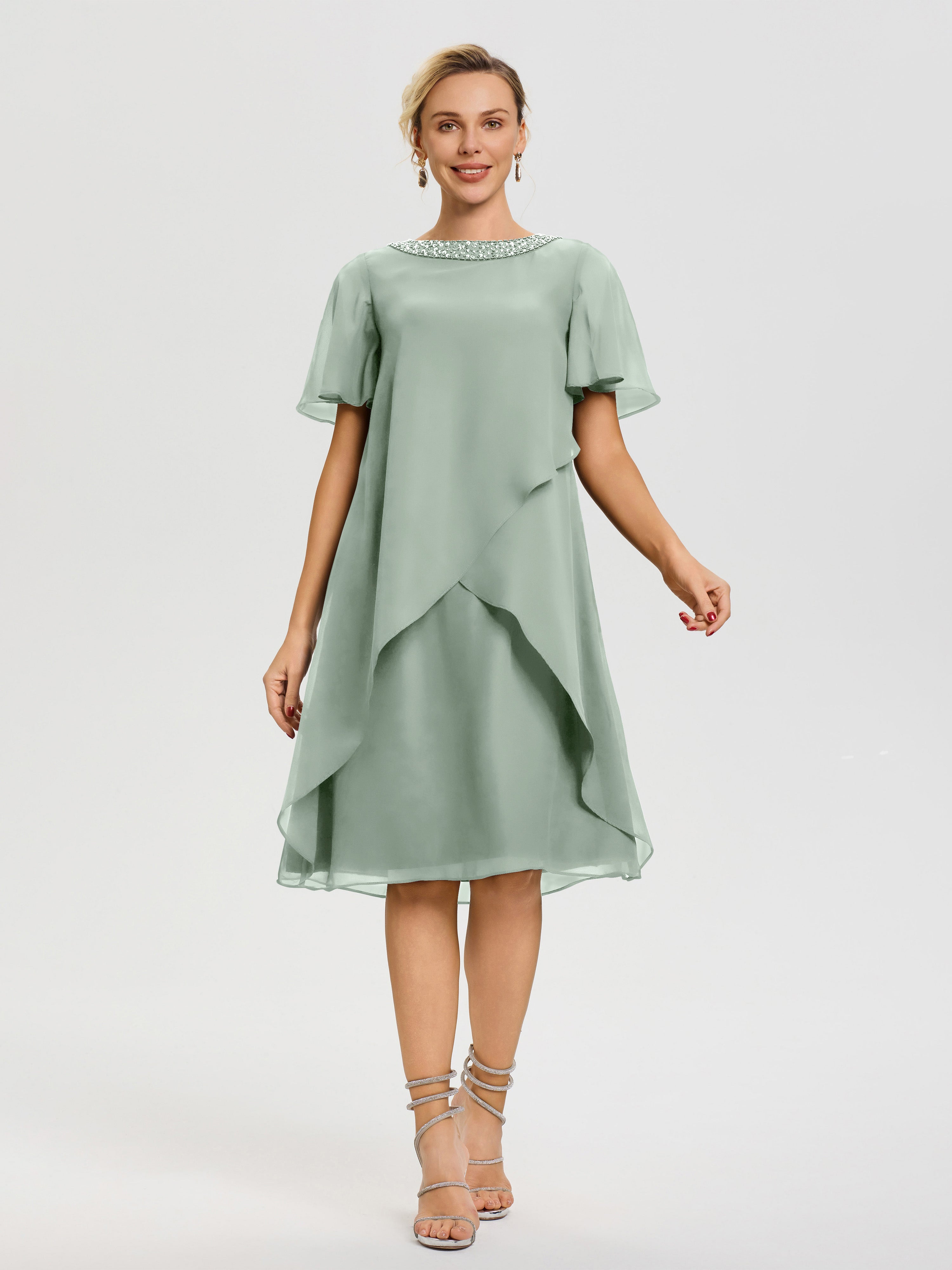 Robe Pour Mariage Mère Du Marié Celadon Col-Rond-Mancherons-Mousseline-Robe-Mariage-Mere-Du-Marie