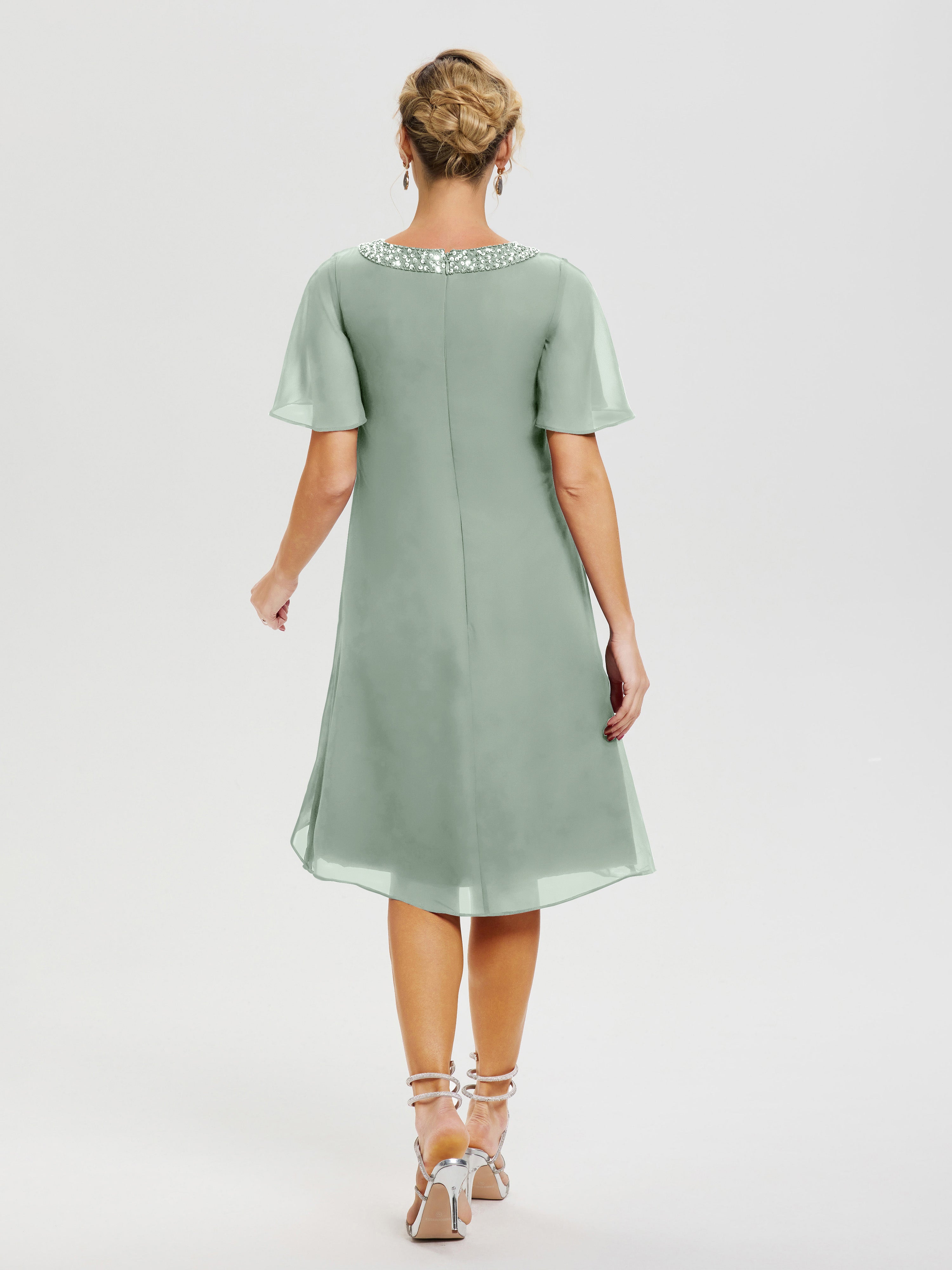 Robe Pour Mariage Mère Du Marié Celadon Col-Rond-Mancherons-Mousseline-Robe-Mariage-Mere-Du-Marie