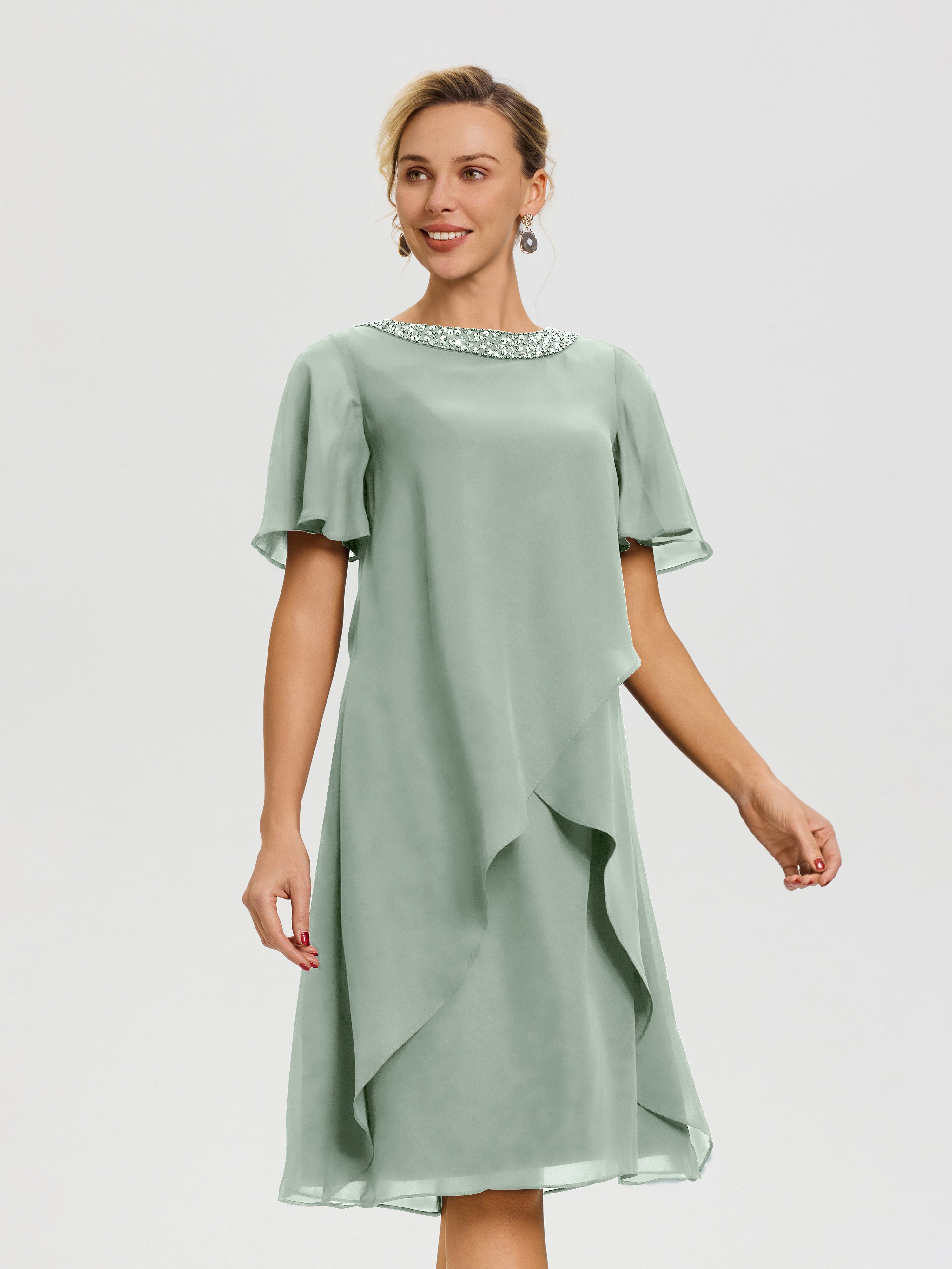 Robe Pour Mariage Mère Du Marié Celadon Col-Rond-Mancherons-Mousseline-Robe-Mariage-Mere-Du-Marie