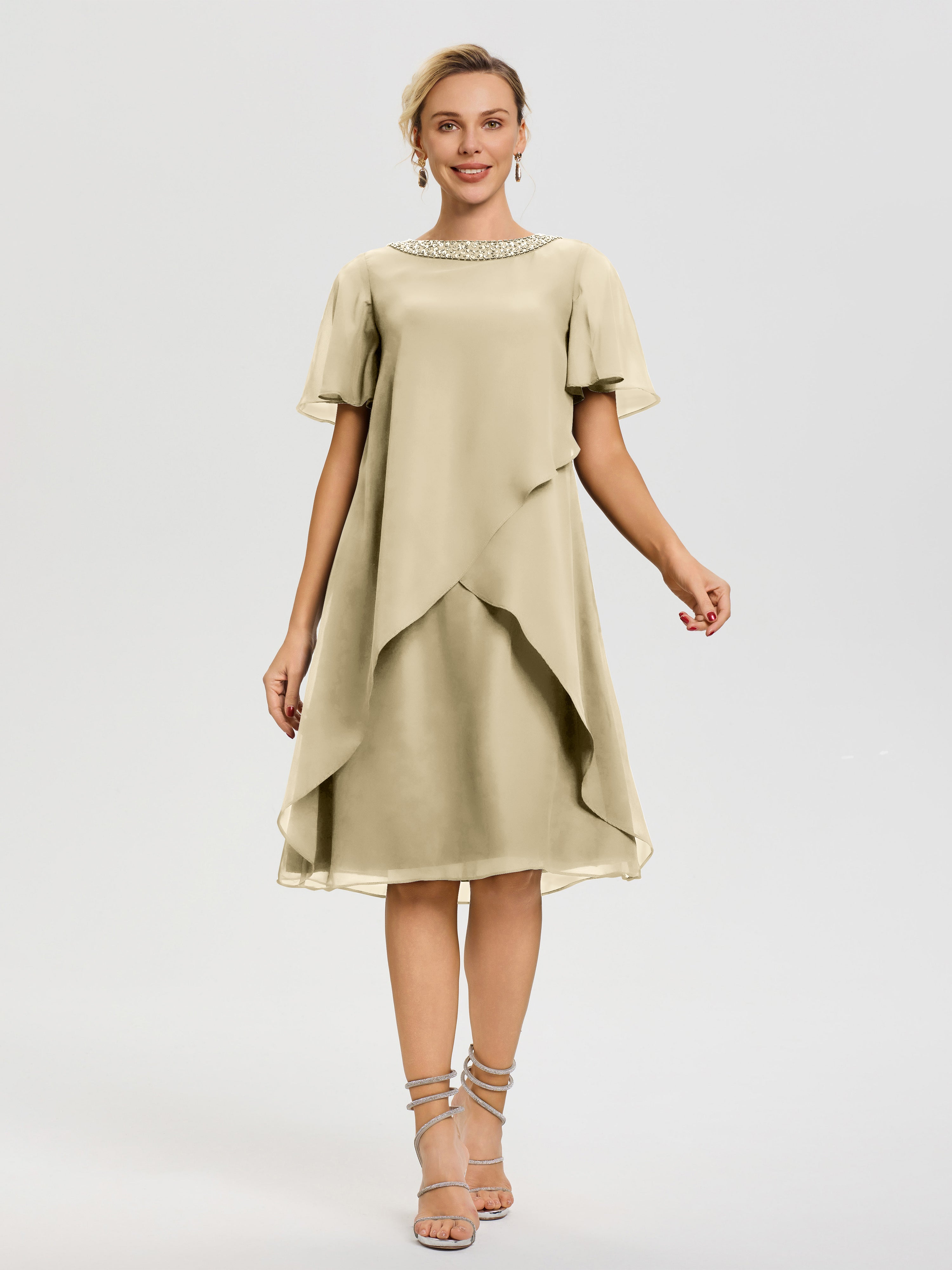 Robe Mere De La Mariee Champagne Col Rond Mancherons Mousseline Robe Mariage Mère Du Marié