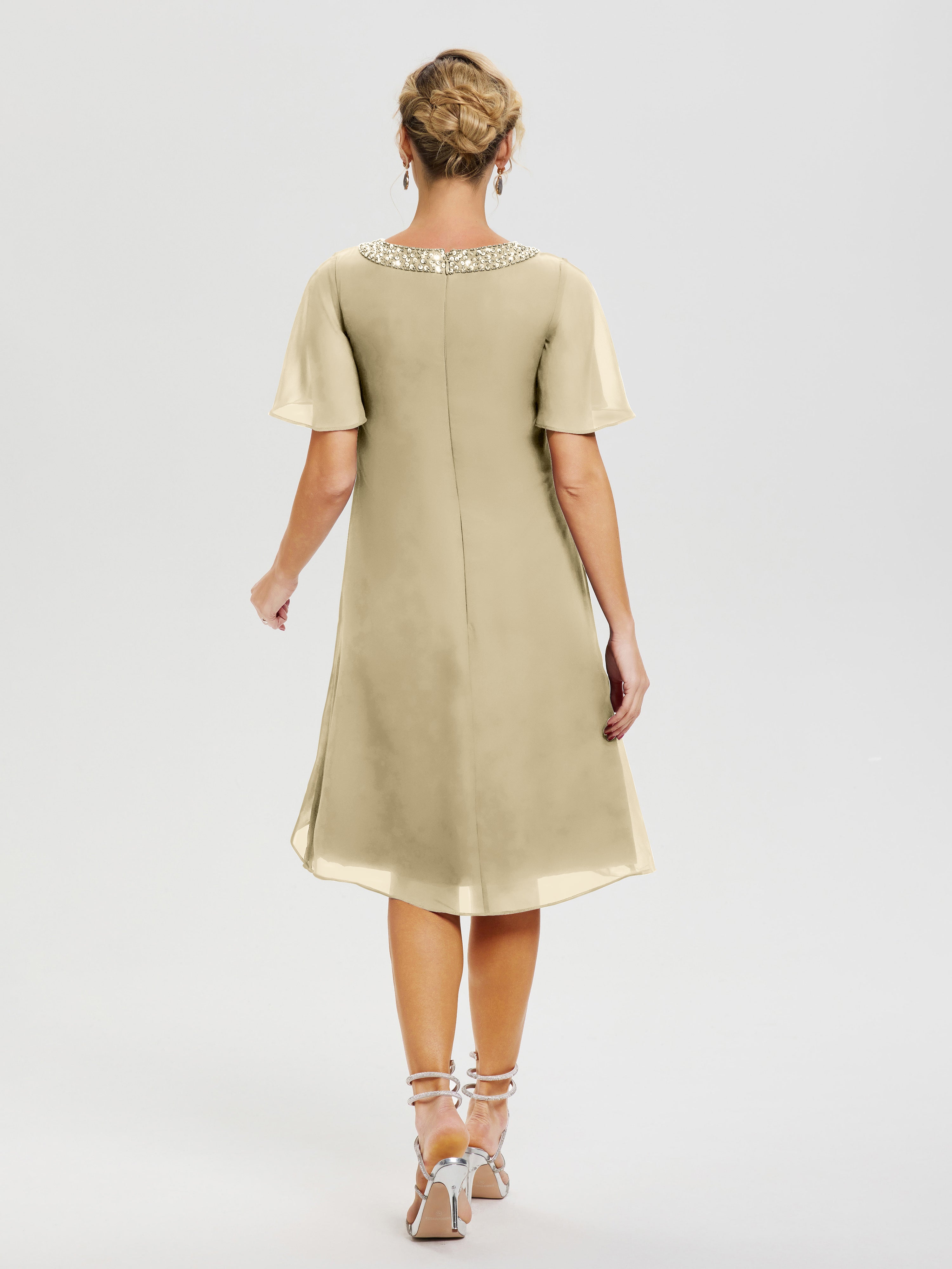 Robe Mere De La Mariee Champagne Col Rond Mancherons Mousseline Robe Mariage Mère Du Marié
