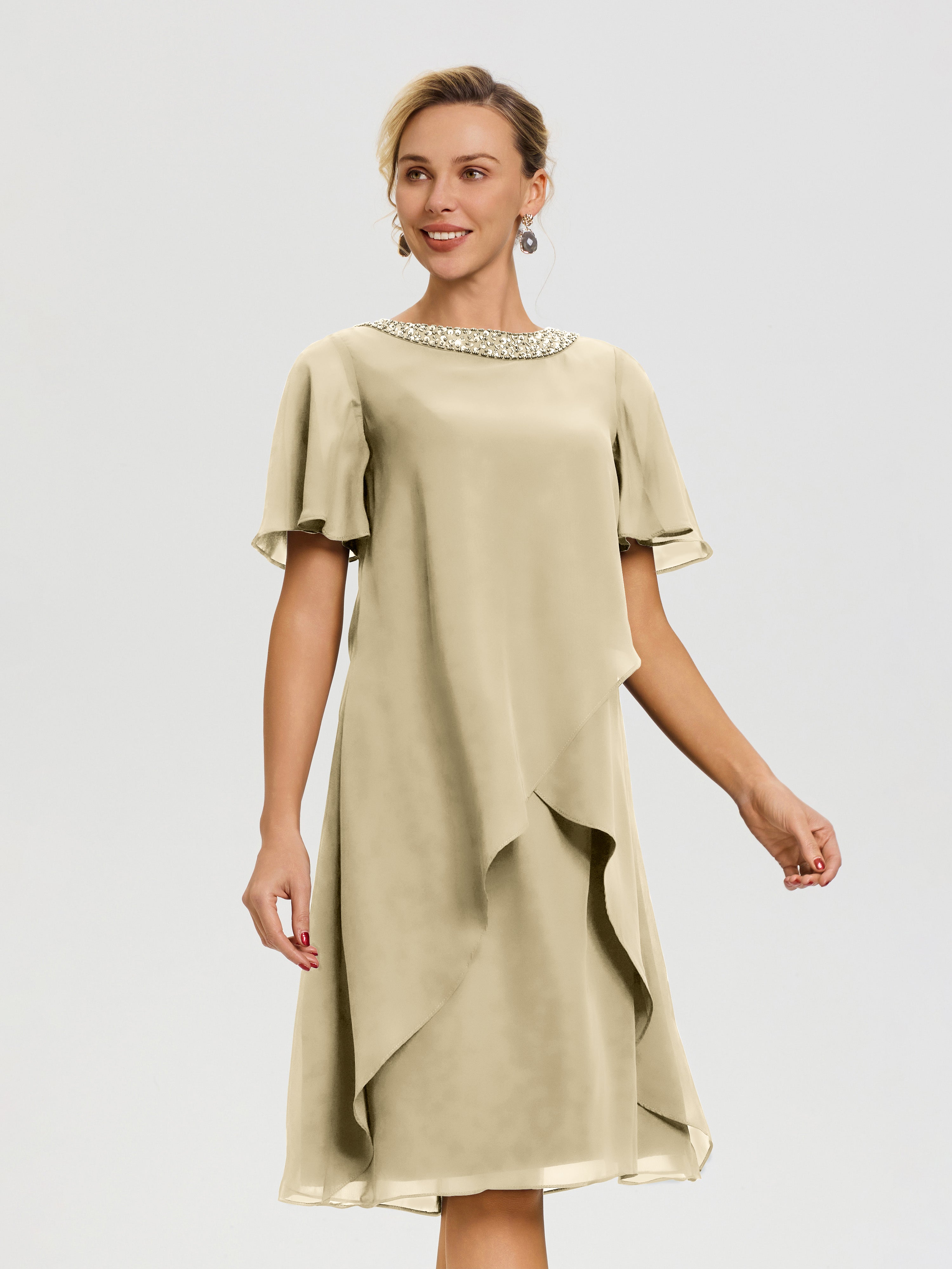 Robe Mere De La Mariee Champagne Col Rond Mancherons Mousseline Robe Mariage Mère Du Marié