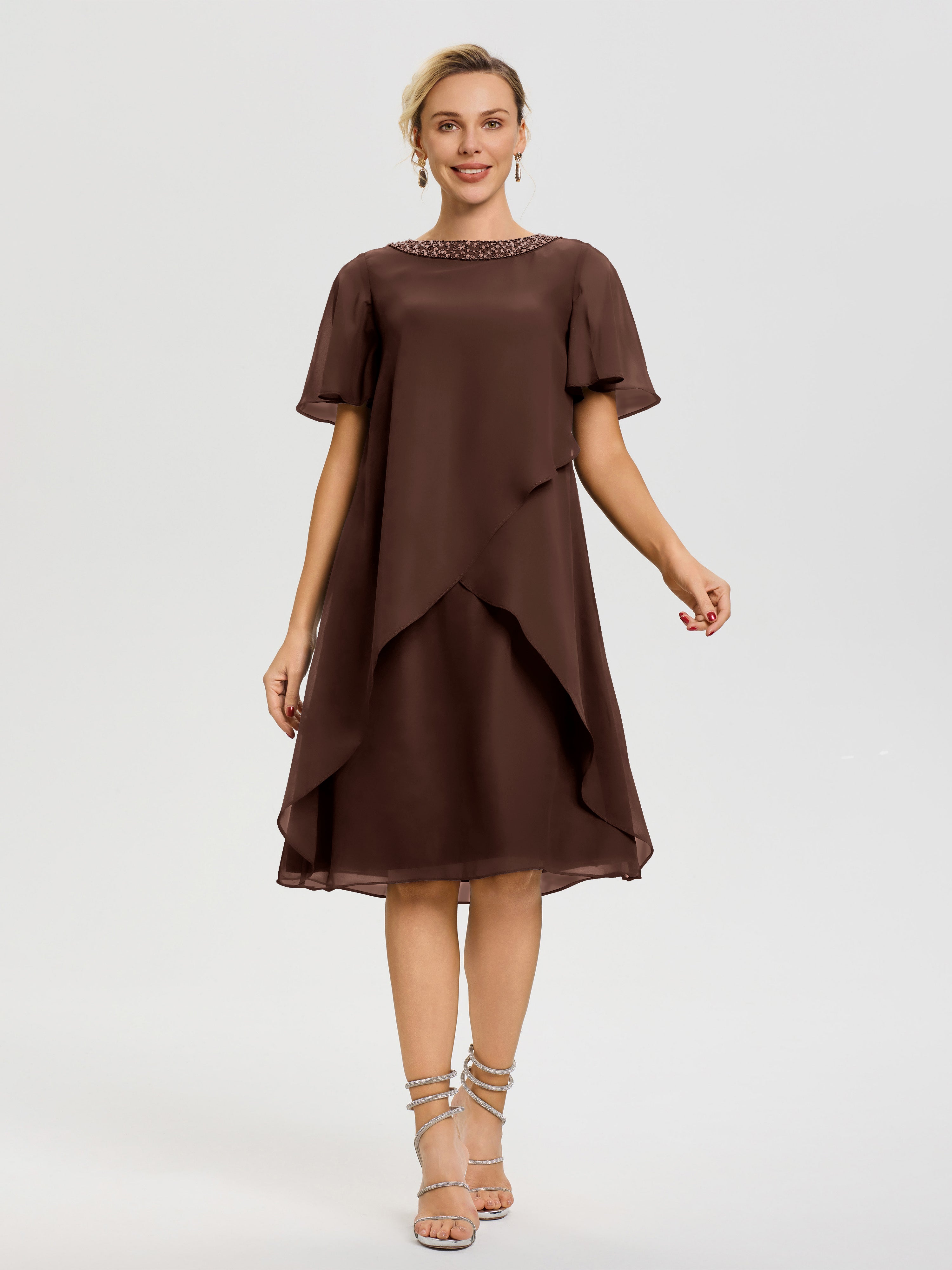 Robe Mère De La Mariée Moderne Chocolat Col Rond Mancherons Mousseline Robe Mariage Mère Du Marié