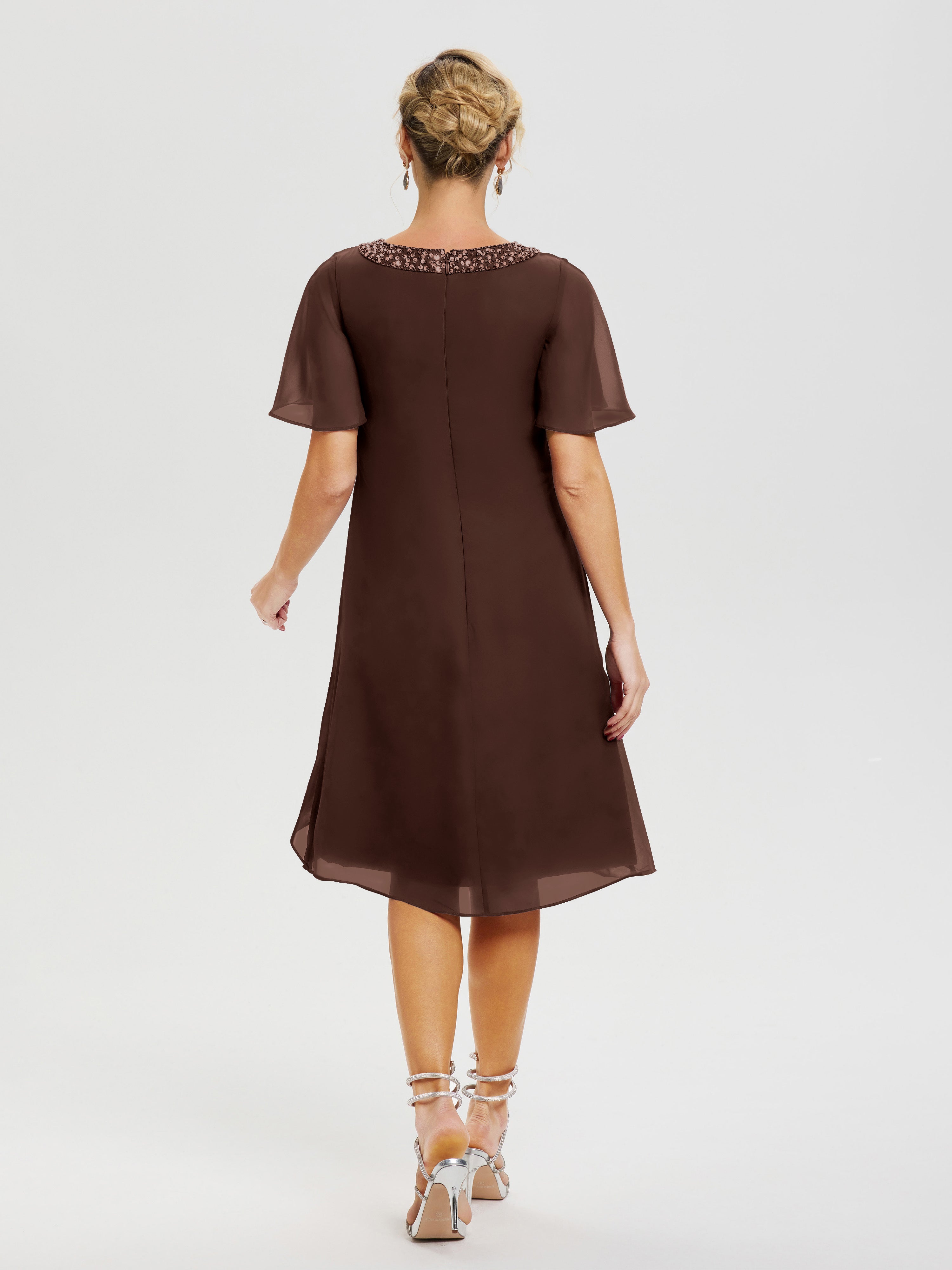 Robe Mère De La Mariée Moderne Chocolat Col Rond Mancherons Mousseline Robe Mariage Mère Du Marié