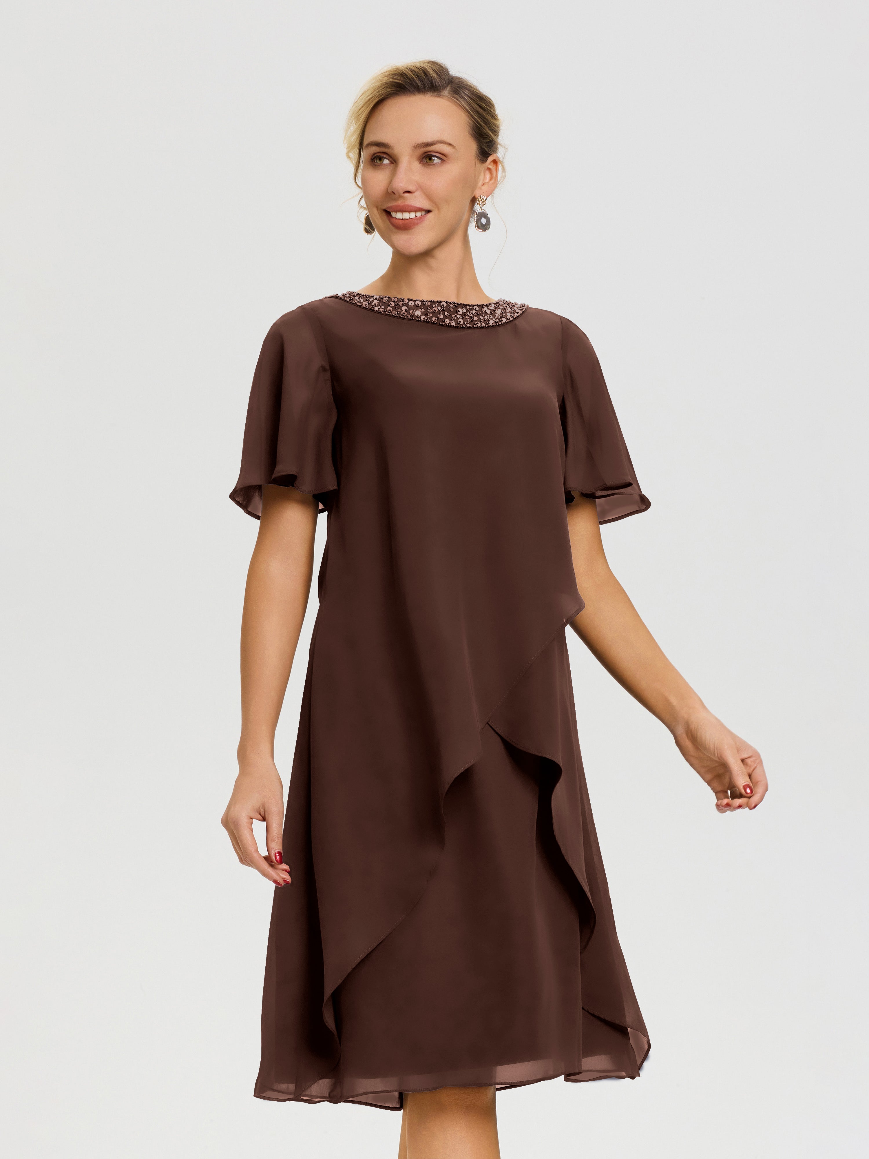 Robe Mère De La Mariée Moderne Chocolat Col Rond Mancherons Mousseline Robe Mariage Mère Du Marié