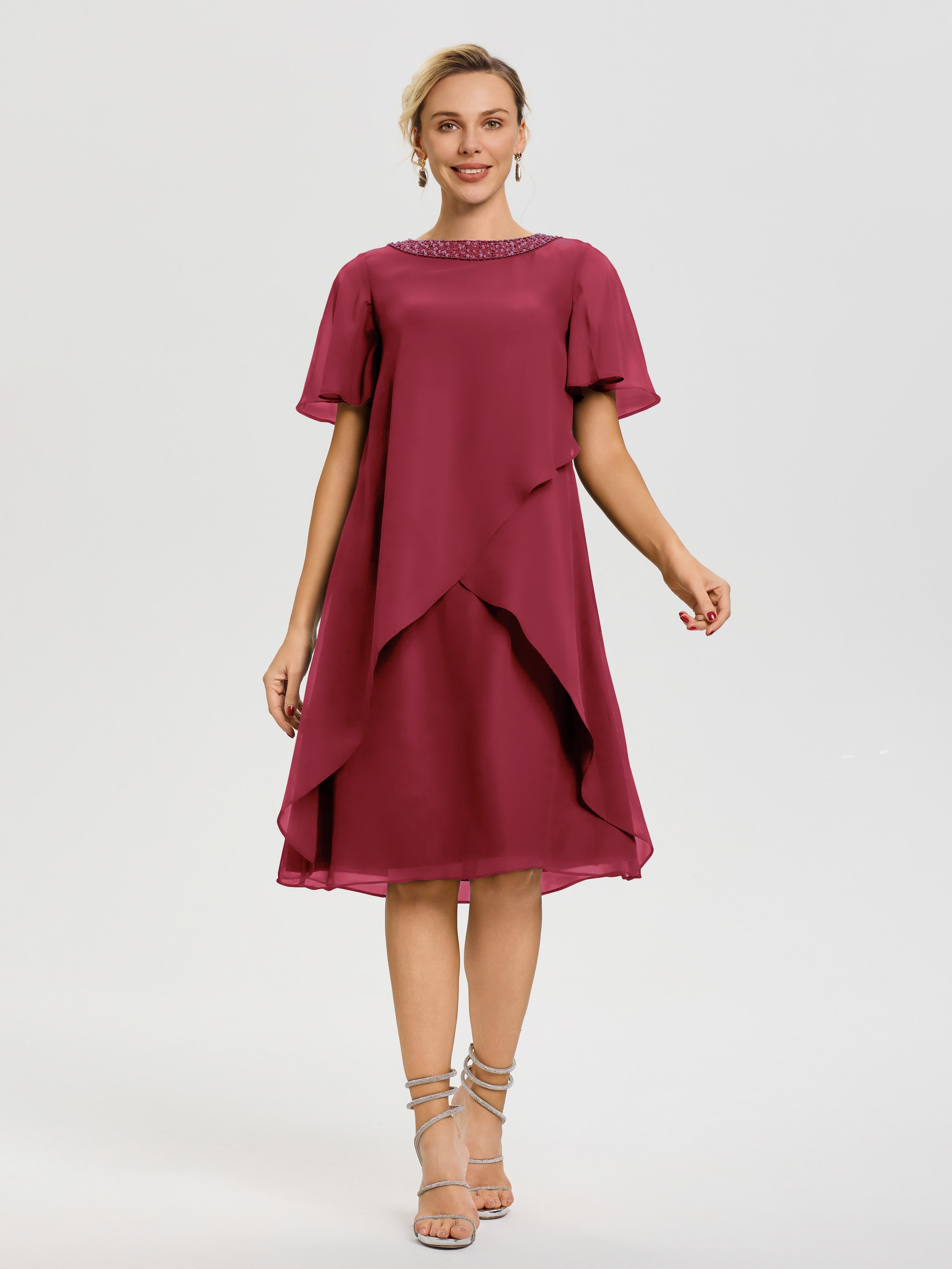 Robes Pour La Mère De La Mariée Rose Cannelle Col Rond Mancherons Mousseline Robe Mariage Mère Du Marié