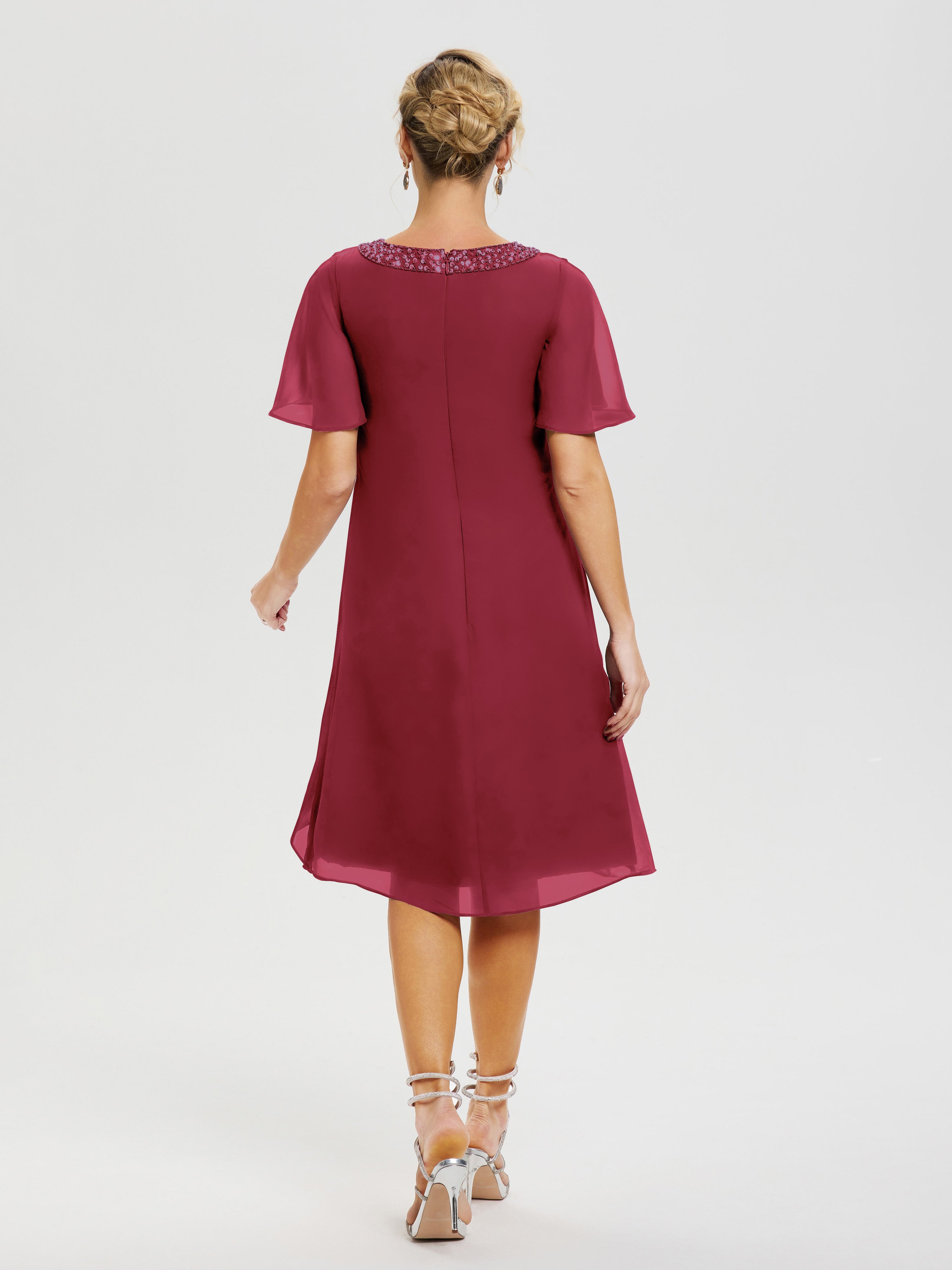 Robes Pour La Mère De La Mariée Rose Cannelle Col Rond Mancherons Mousseline Robe Mariage Mère Du Marié