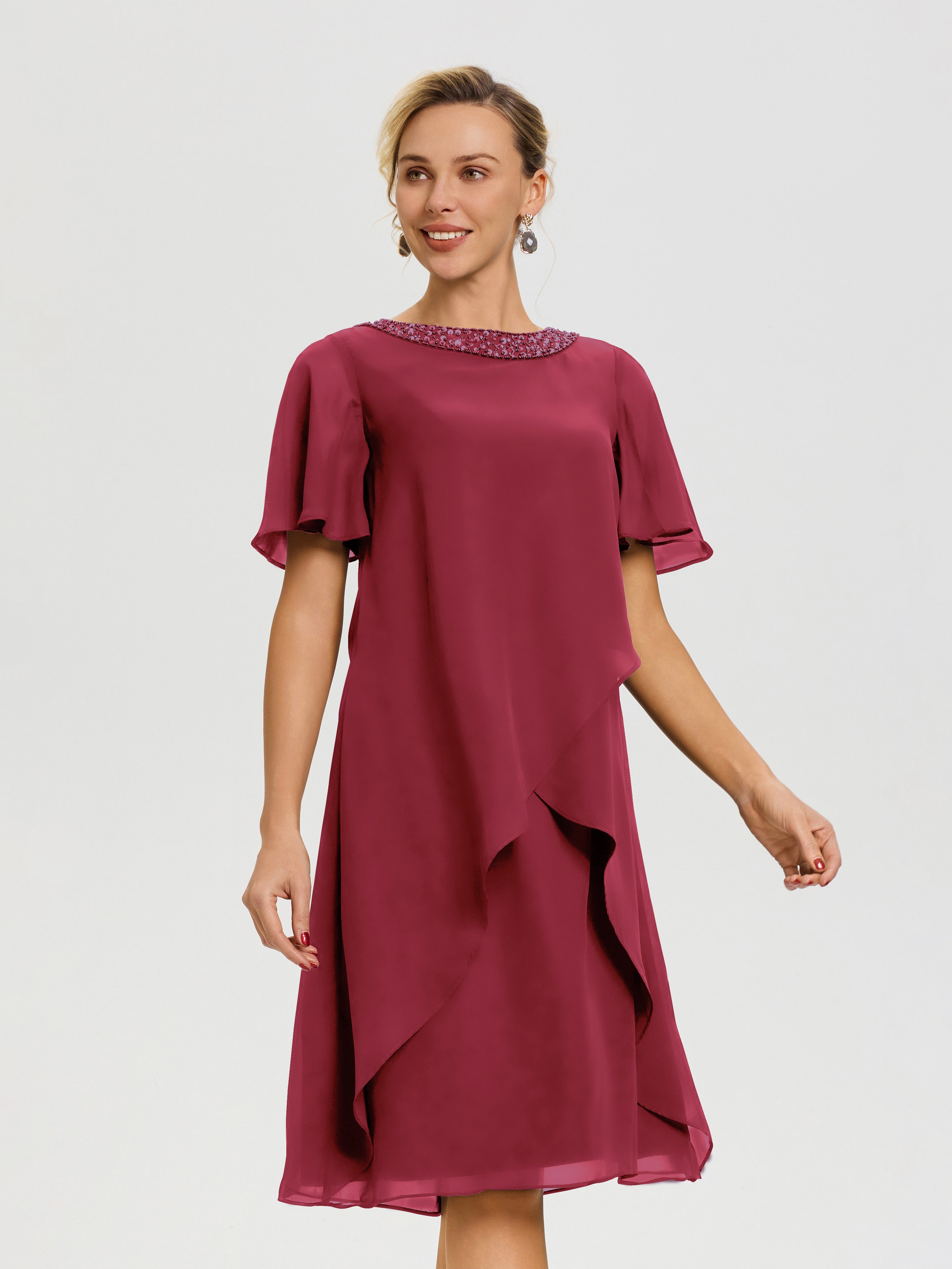 Robes Pour La Mère De La Mariée Rose Cannelle Col Rond Mancherons Mousseline Robe Mariage Mère Du Marié