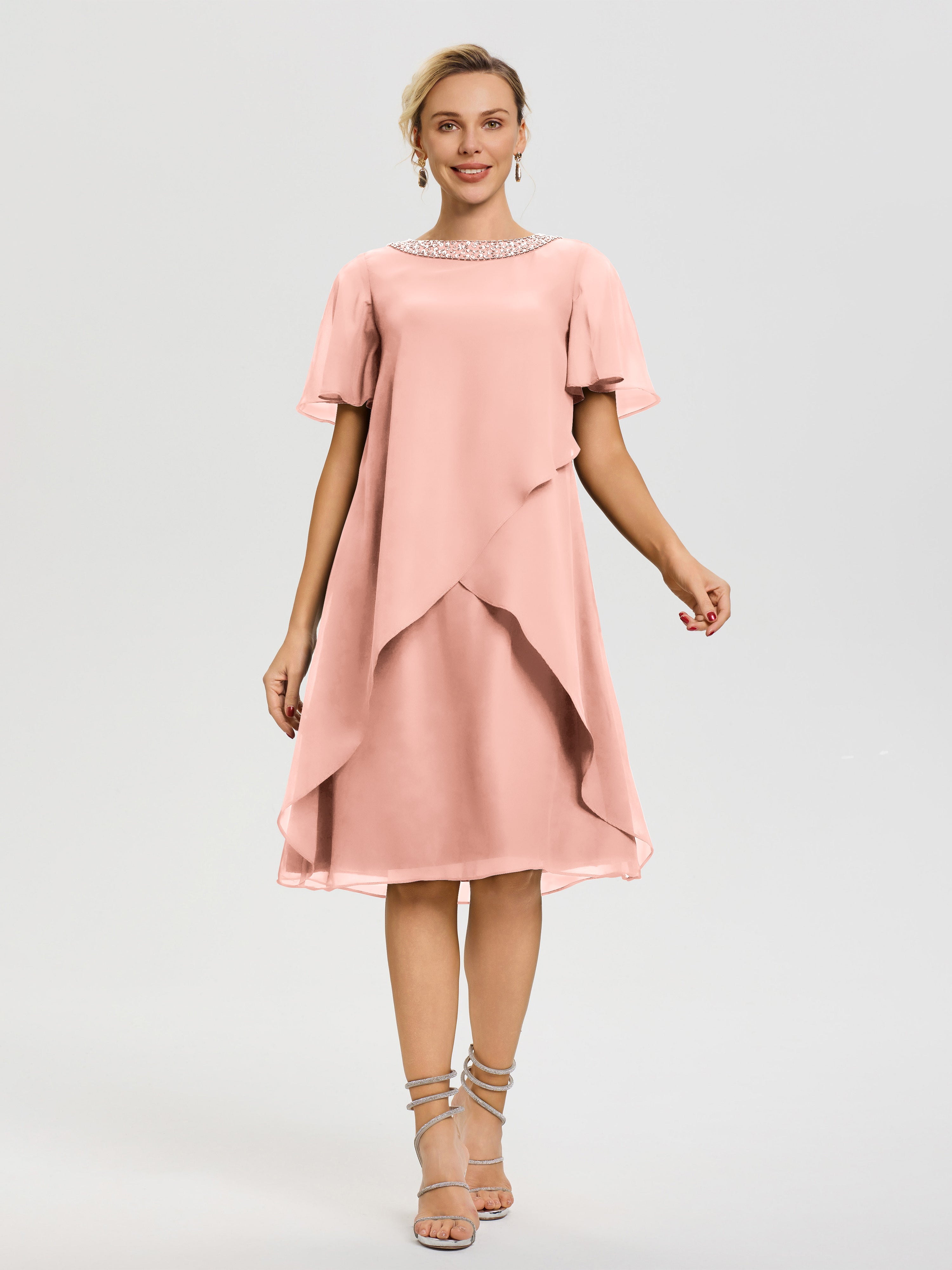Robe Pour Mariage Mère Du Marié Corail Col-Rond-Mancherons-Mousseline-Robe-Mariage-Mere-Du-Marie
